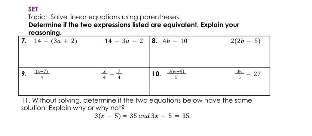 Solve the equation using parentheses SET Topic: