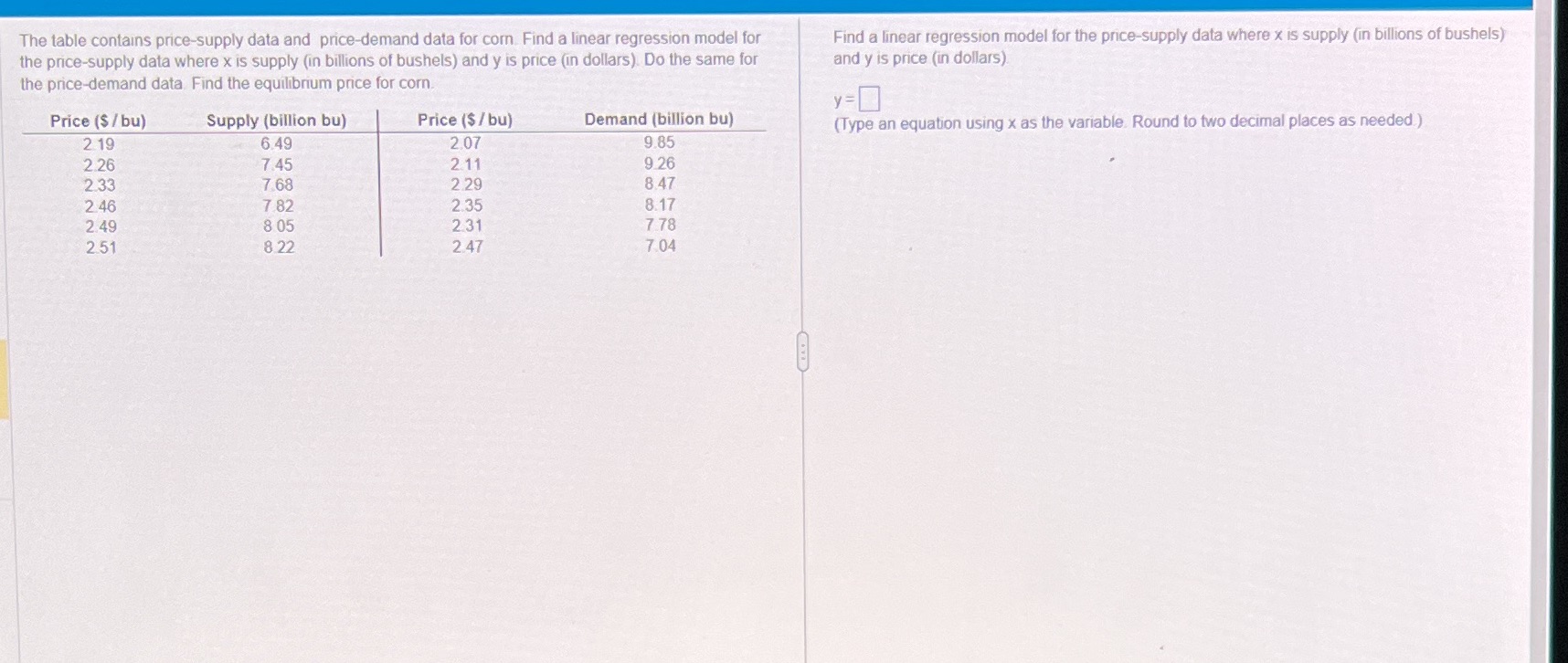 The table contains price-supply data and