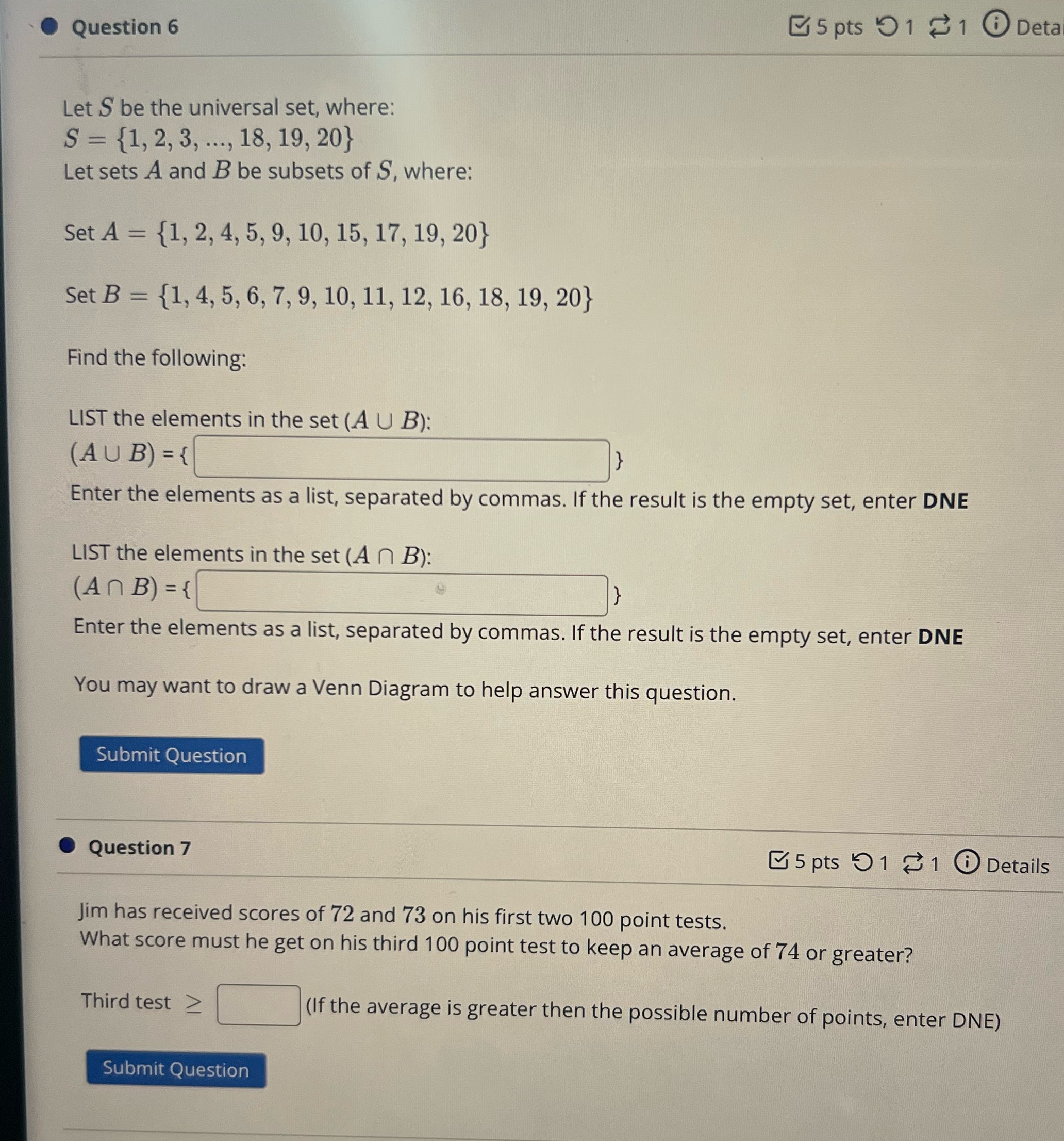 Solve 6 and 7 Question 6 5 pts 91 1 0 Deta Let S