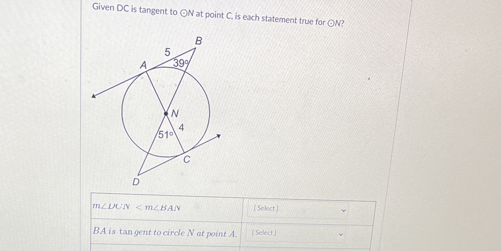 Given DC is tangent to ON at point C, is each