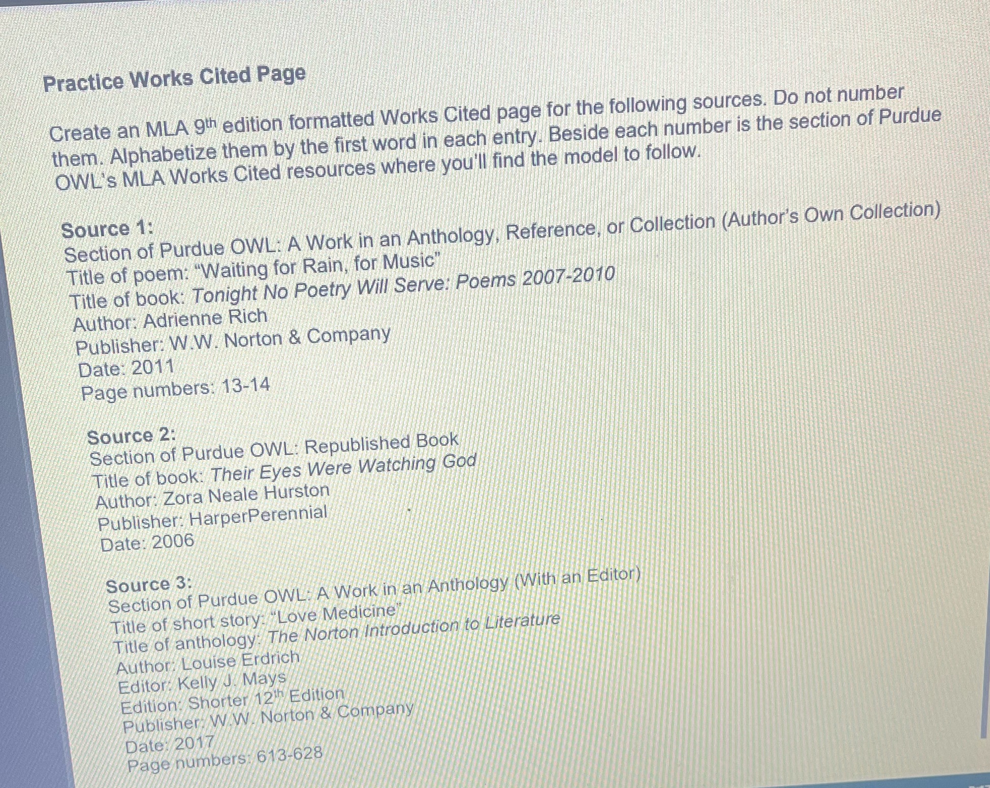 Practice Works Cited Page Create an MLA 9th