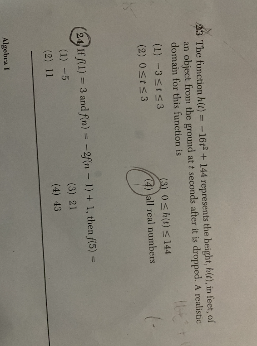 23 The function h(t) = -16t2 + 144 represents the