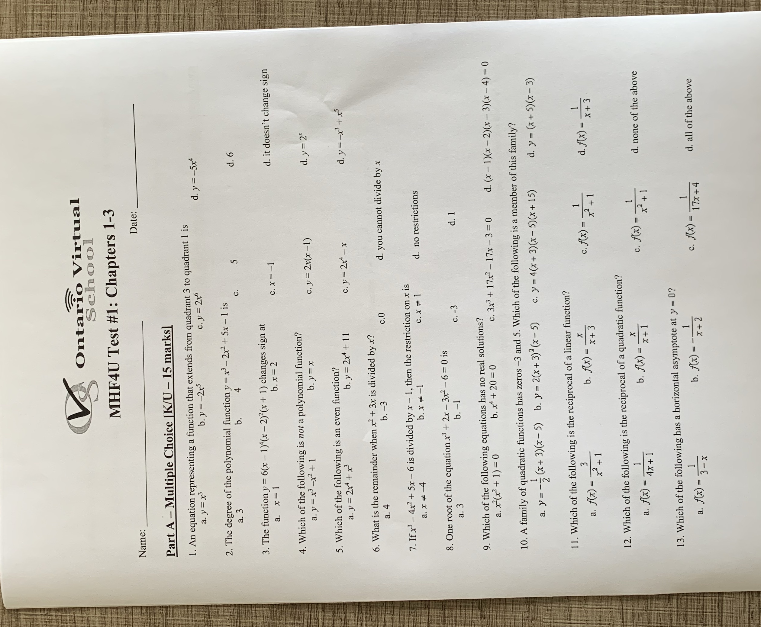 Ontario Virtual School MHF4U Test #1: Chapters