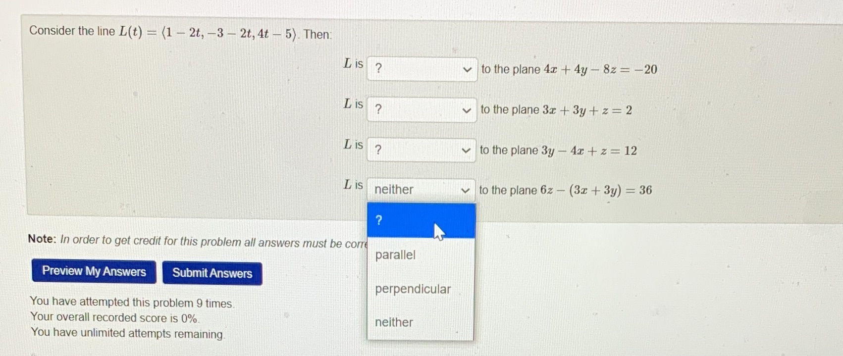 Consider the line L(t) = (1 - 2t, -3 - 2t, 4t -