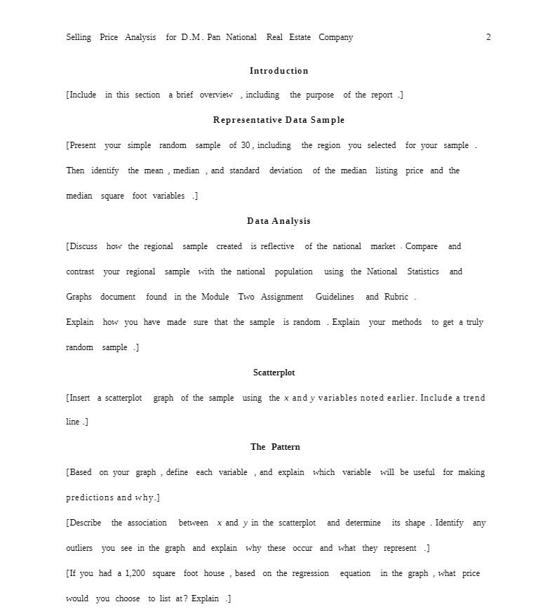Selling Price Analysis for D.M. Pan National Real