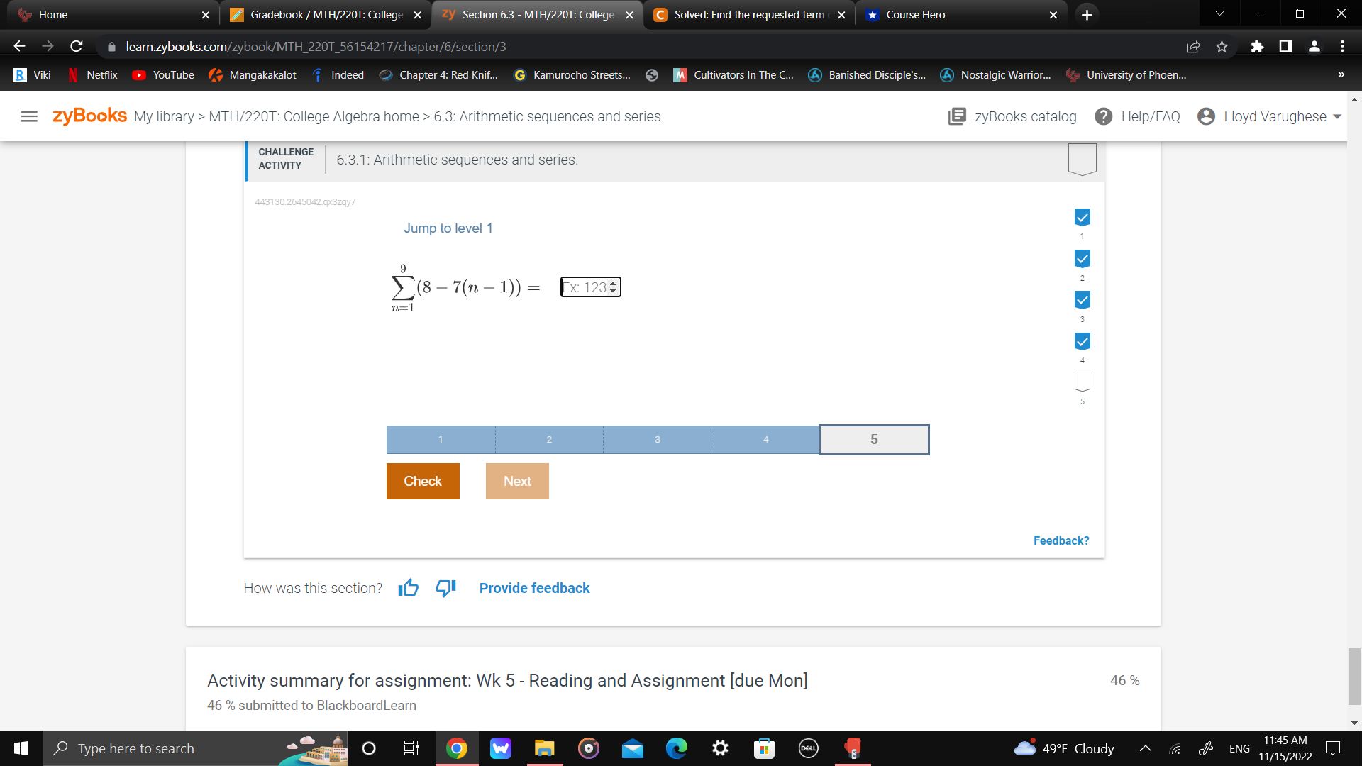 Home X Gradebook / MTH/220T: College x zy Section