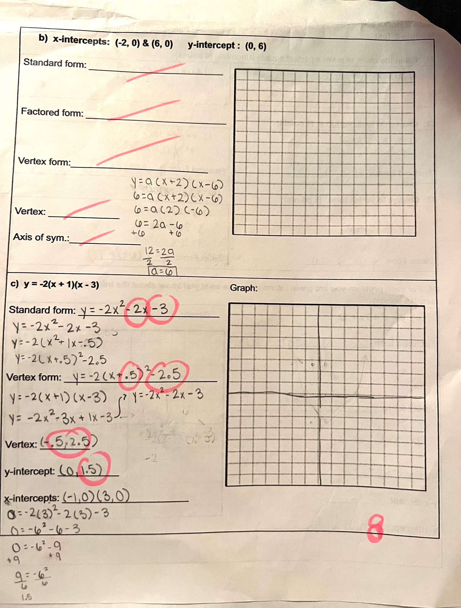 b) x-intercepts: (-2, 0) & (6, 0) y-intercept :