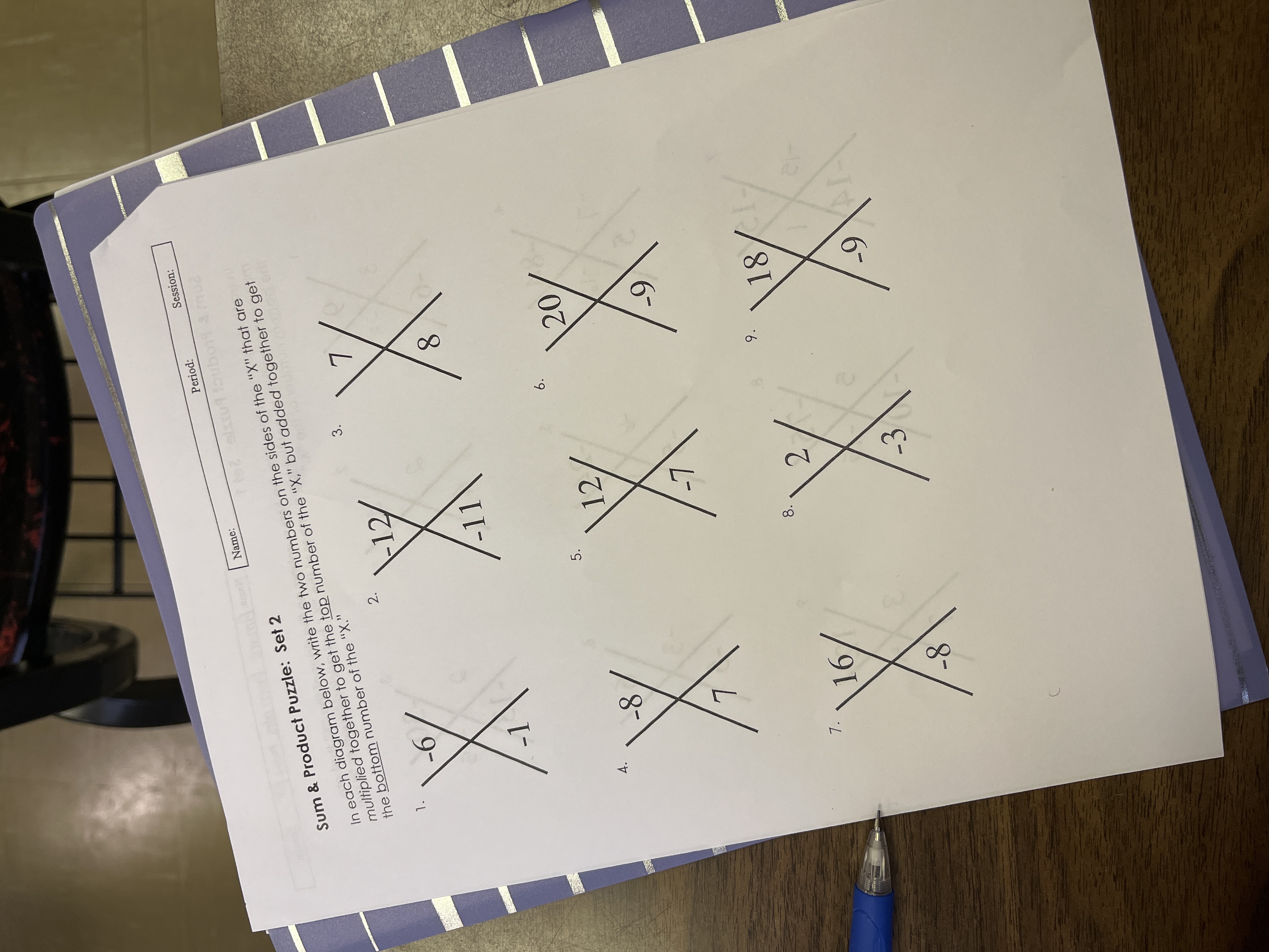 Period Session: Name: Sum & Product Puzzle: Set 2