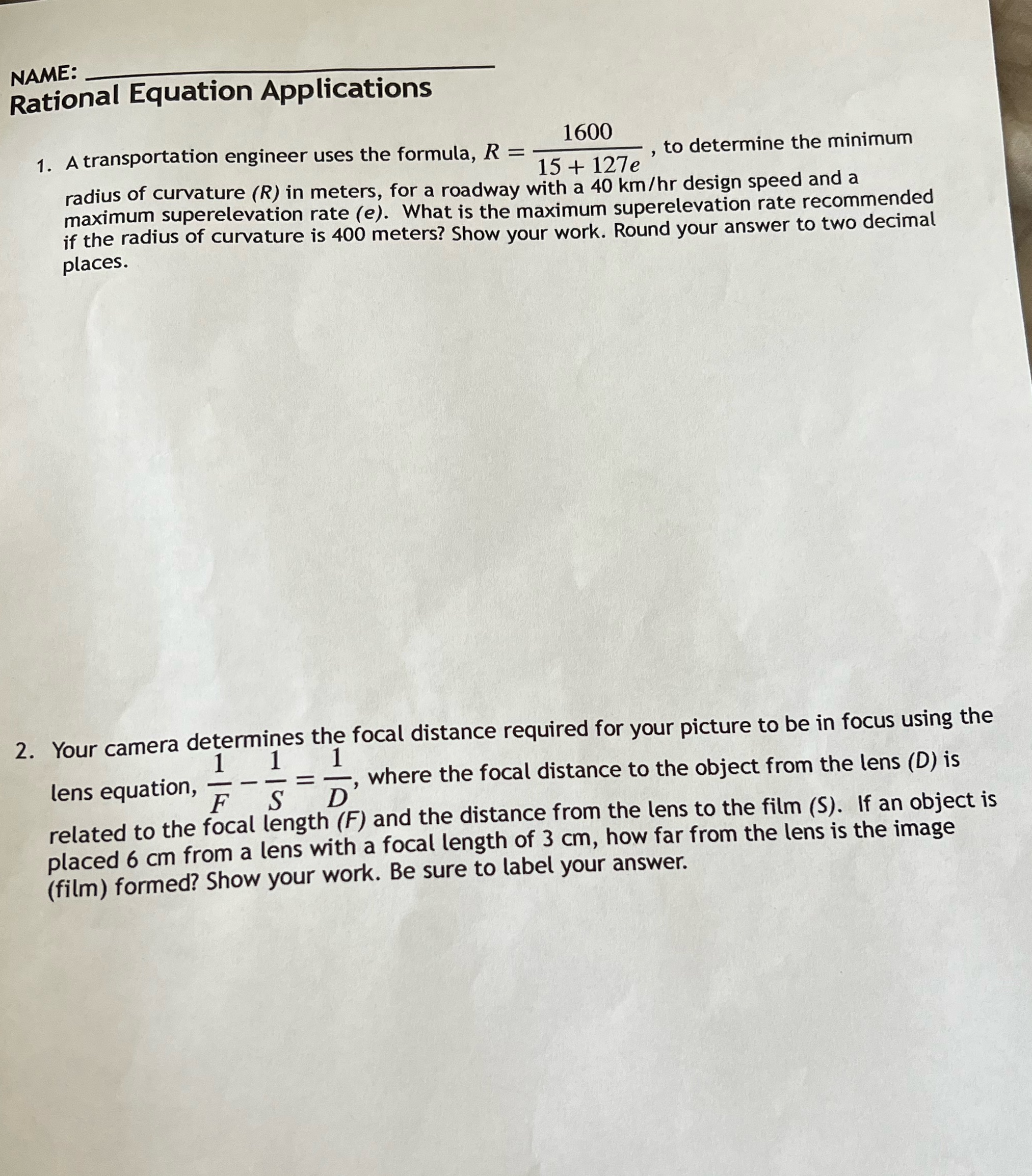 NAME: Rational Equation Applications 1600 1. A