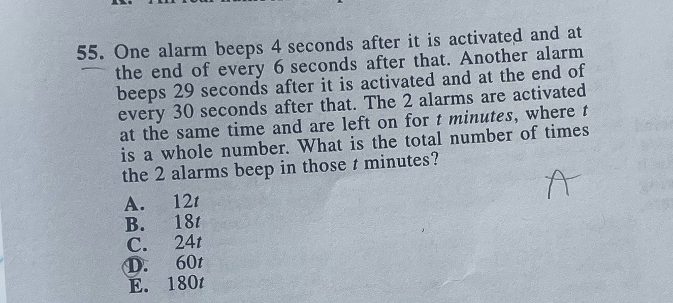 55. One alarm beeps 4 seconds after it is