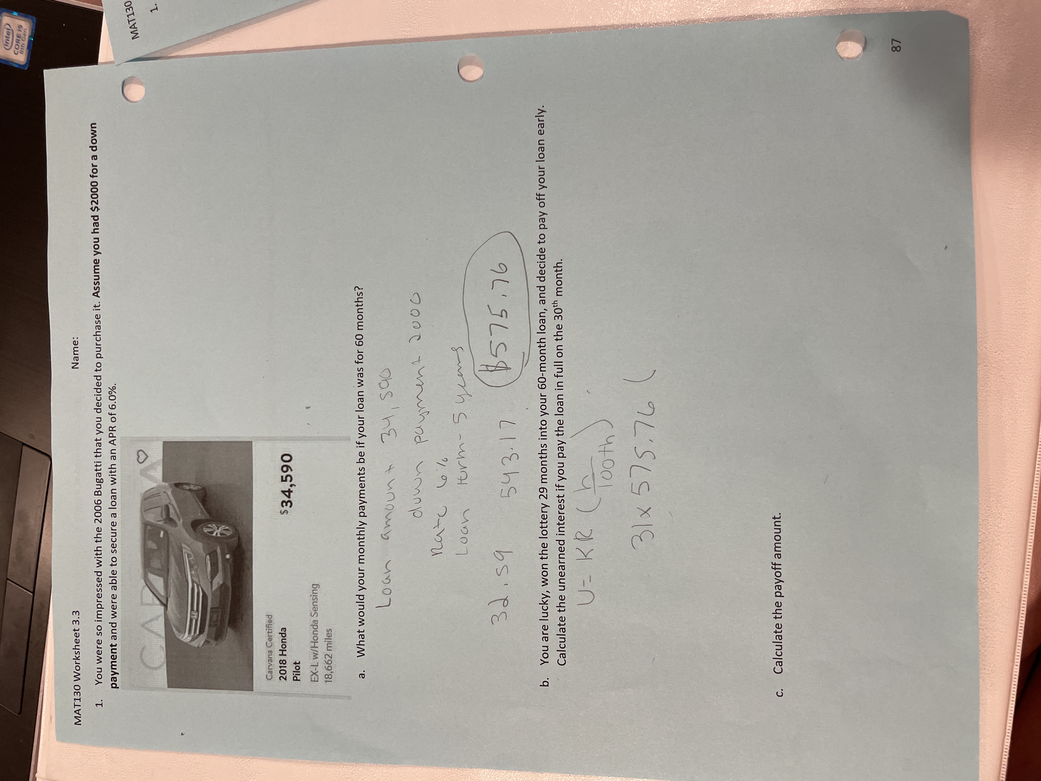 (intel GORE IS MAT130 Worksheet 3.3 Name: 1. You