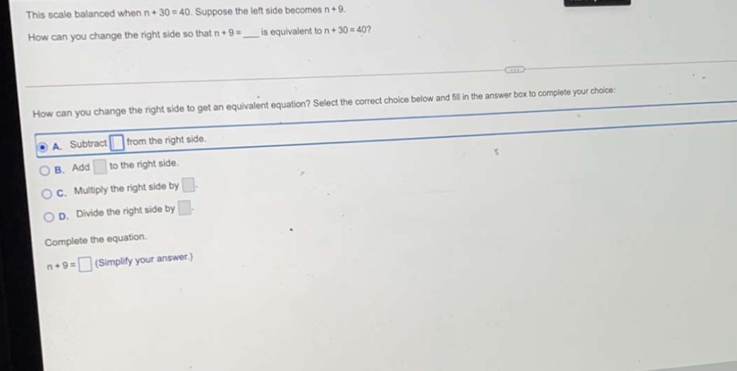 This scale balanced when n + 30 = 40. Suppose the