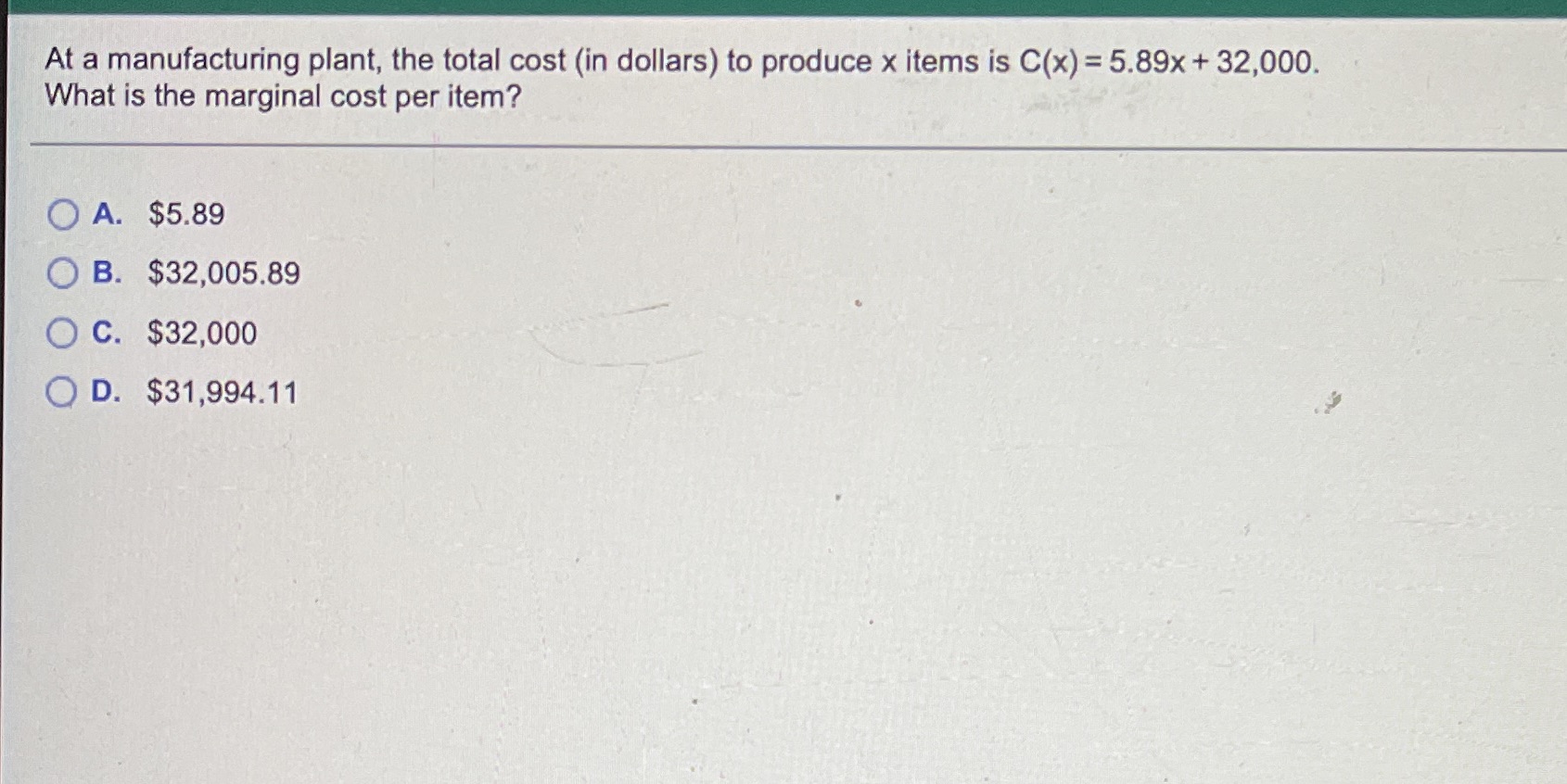At a manufacturing plant, the total cost (in