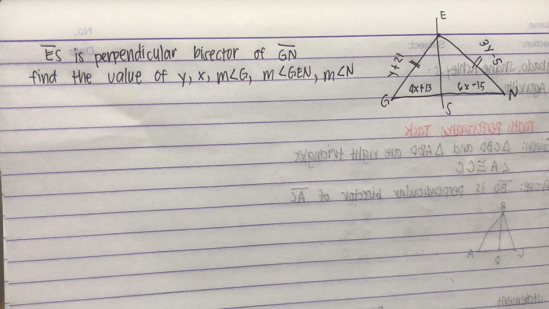 .on E ES is perpendicular bisector of GN :noilos