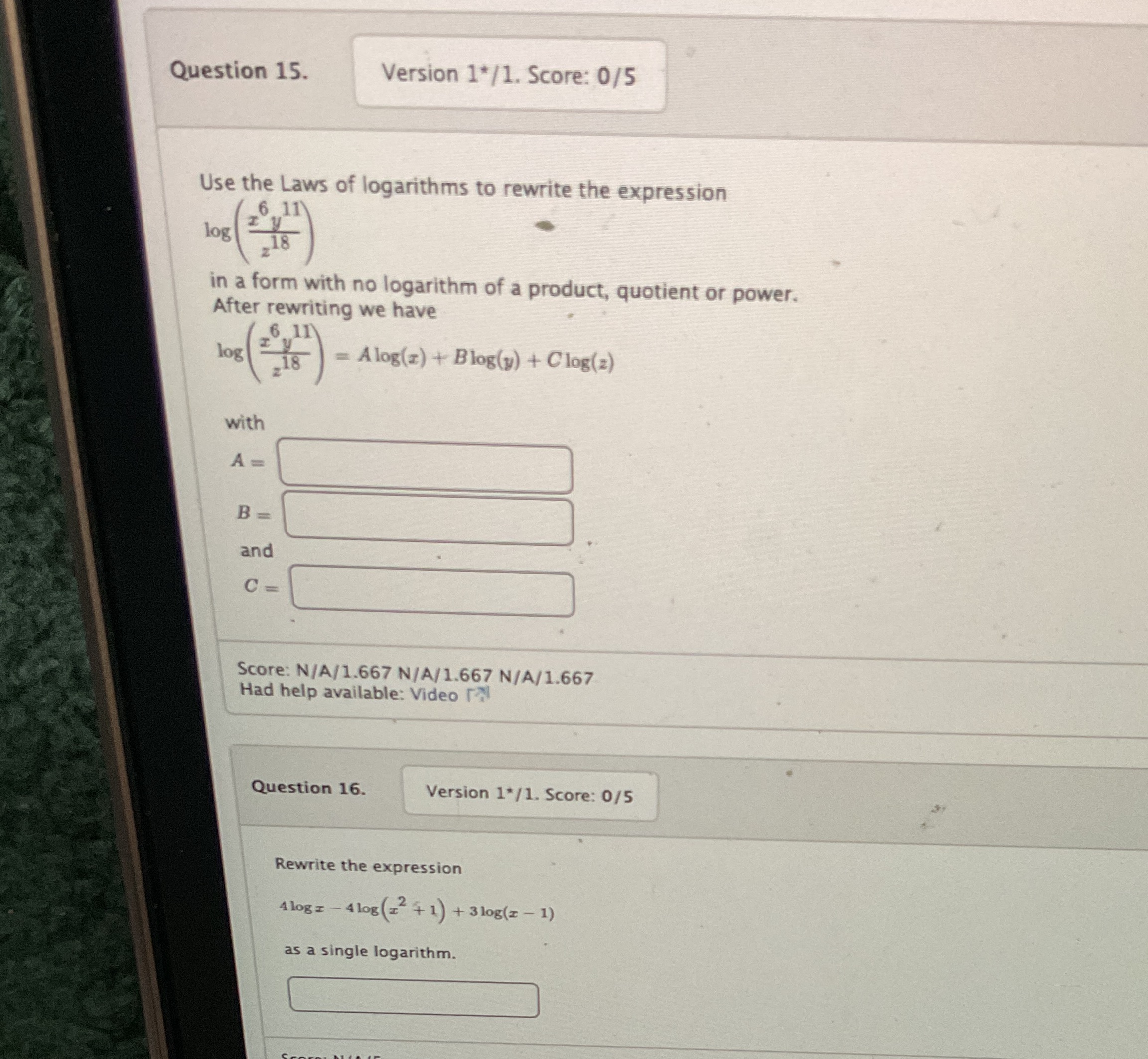 15-16 Question 15. Version 1*/1. Score: 0/5 Use