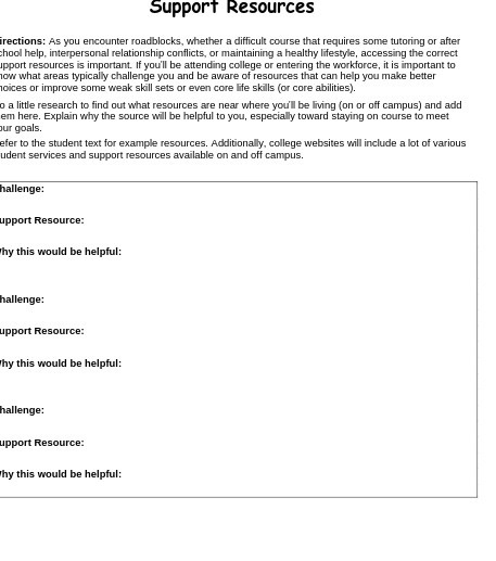 Support Resources irections: As you encounter