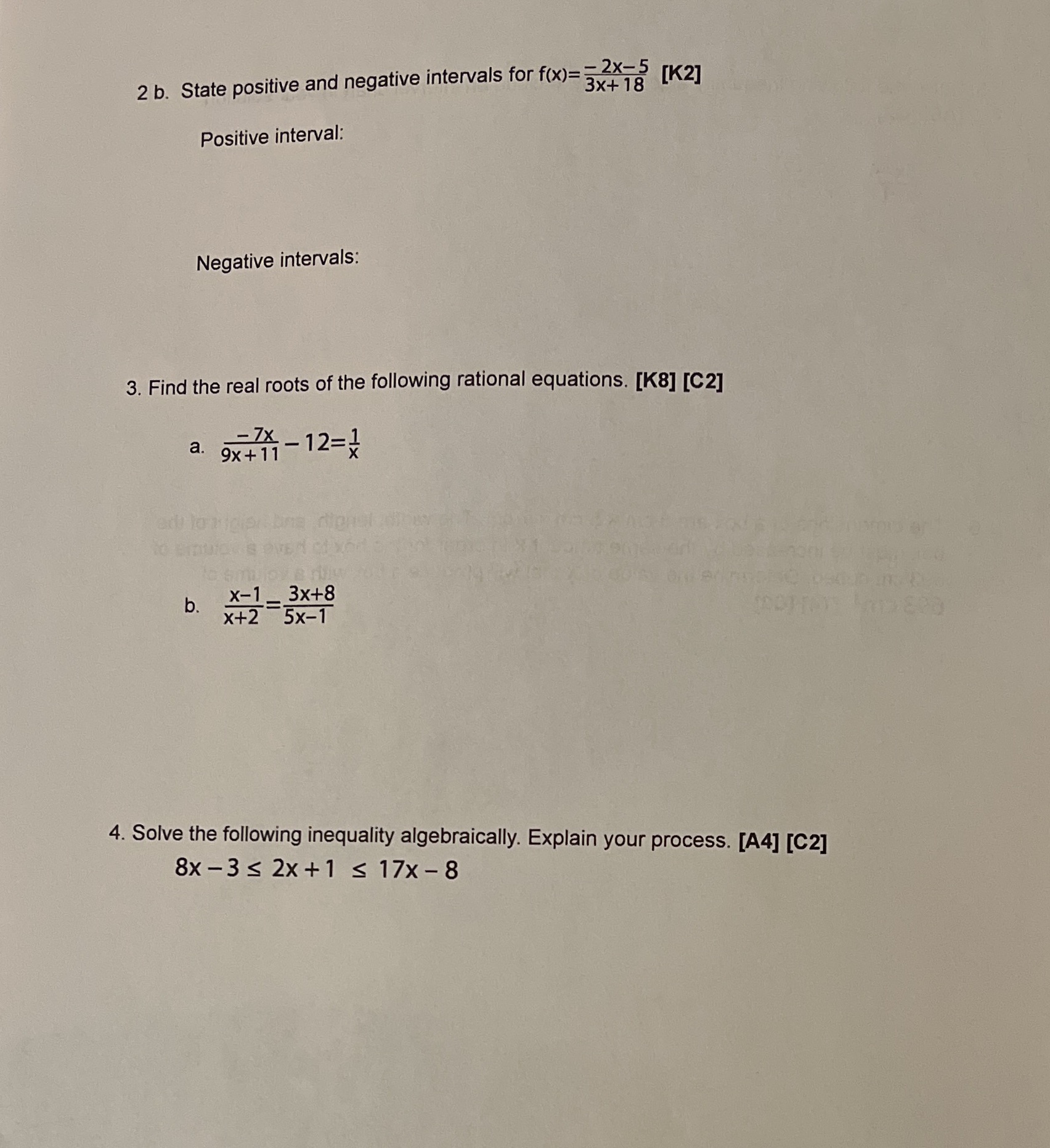 2 b. State positive and negative intervals for