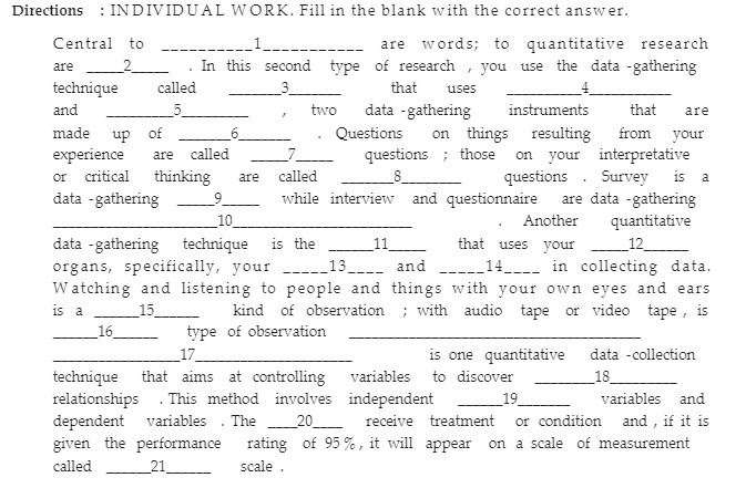 Directions : INDIVIDUAL WORK. Fill in the blank