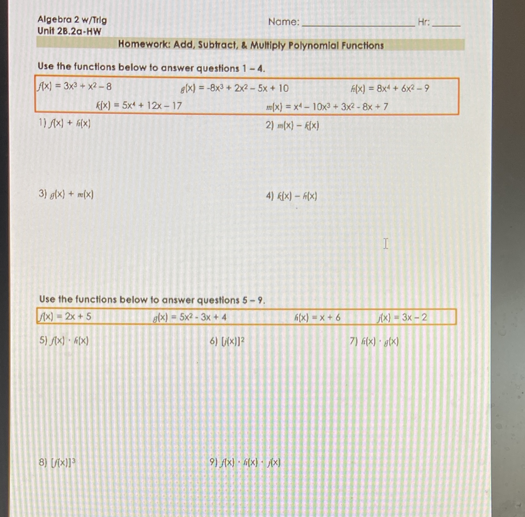 Algebra 2 w/Trig Name: Hr: Unit 28.2a-HW