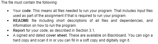 The file must contain the following: Your code.