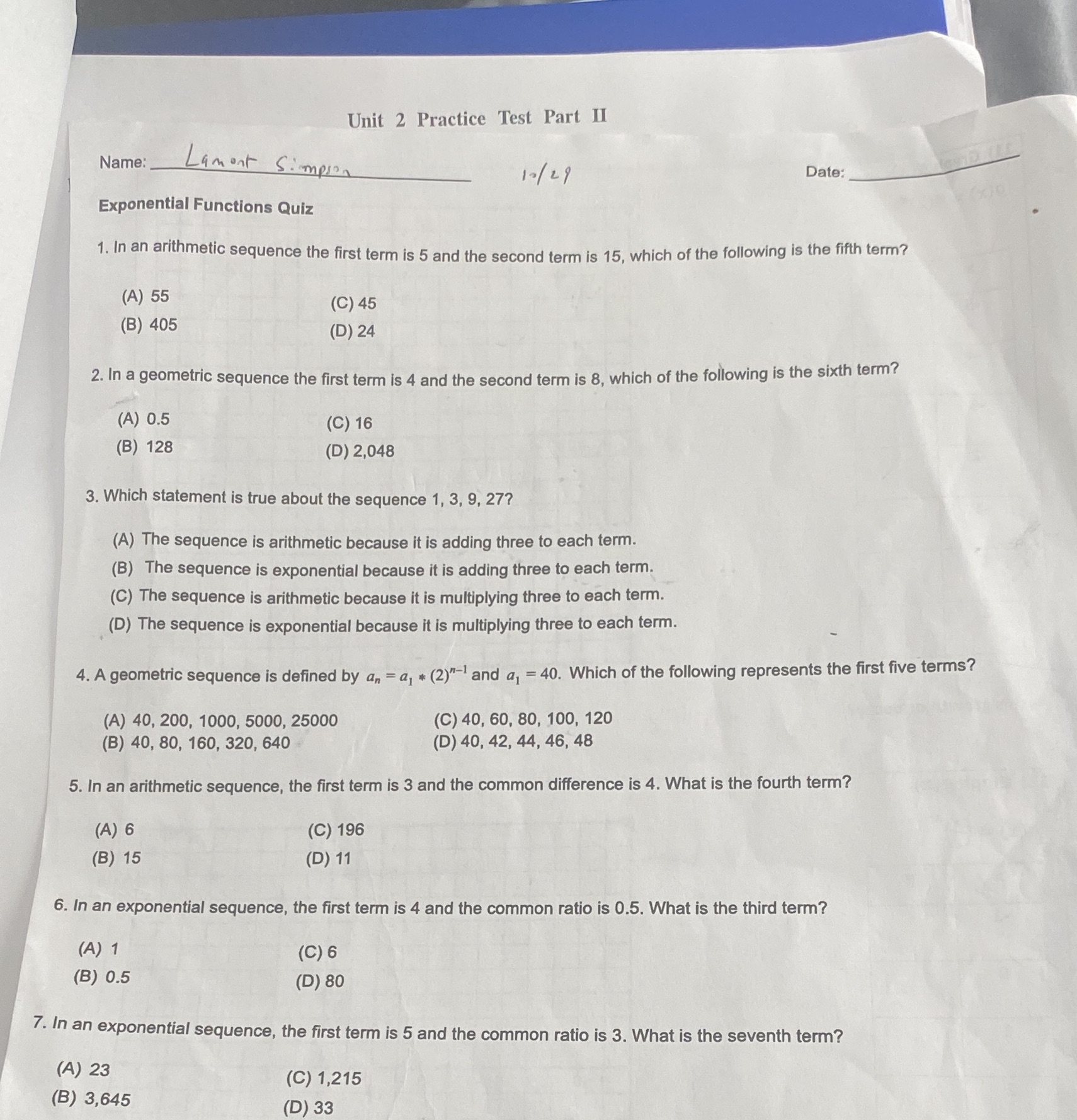 Unit 2 Practice Test Part II Name: Lamont Simpson