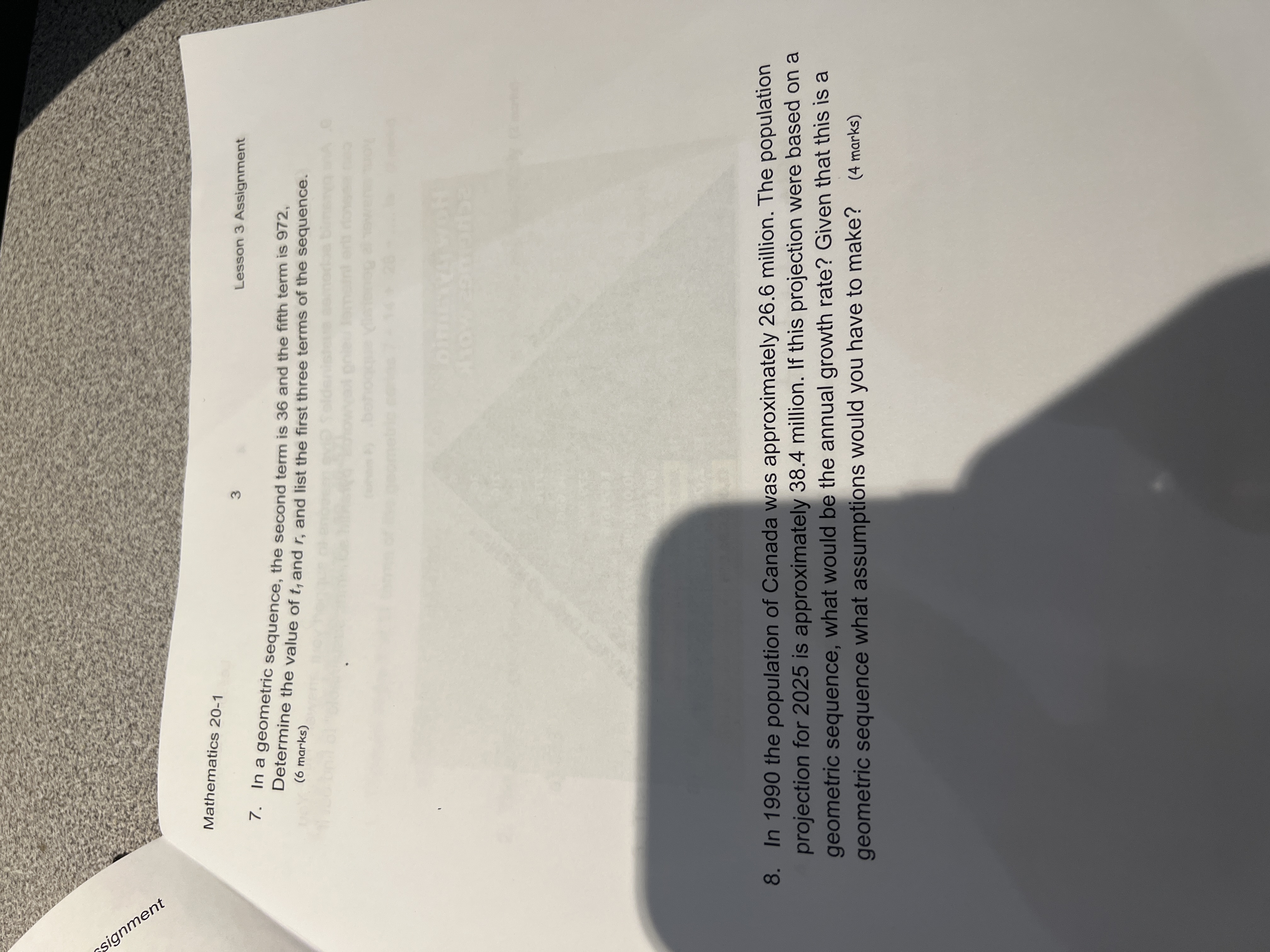 signment Mathematics 20-1 3 Lesson 3 Assignment