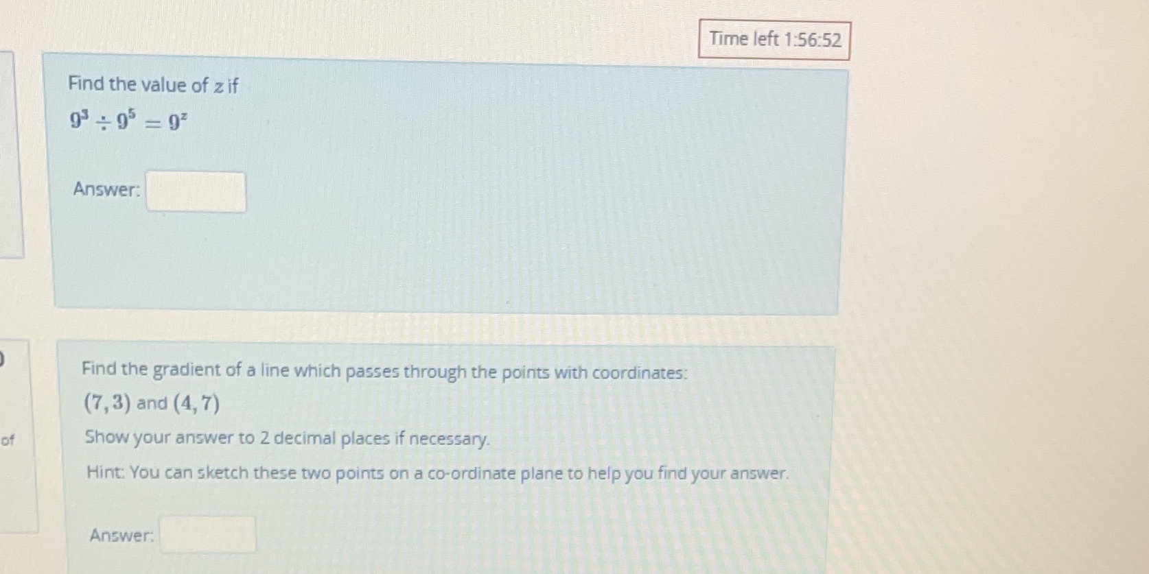 Time left 1:56:52 Find the value of z if 93 : 95