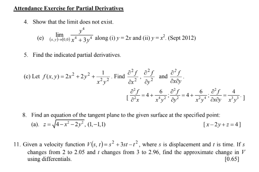 Attendance Exercise for Partial Derivatives 4.