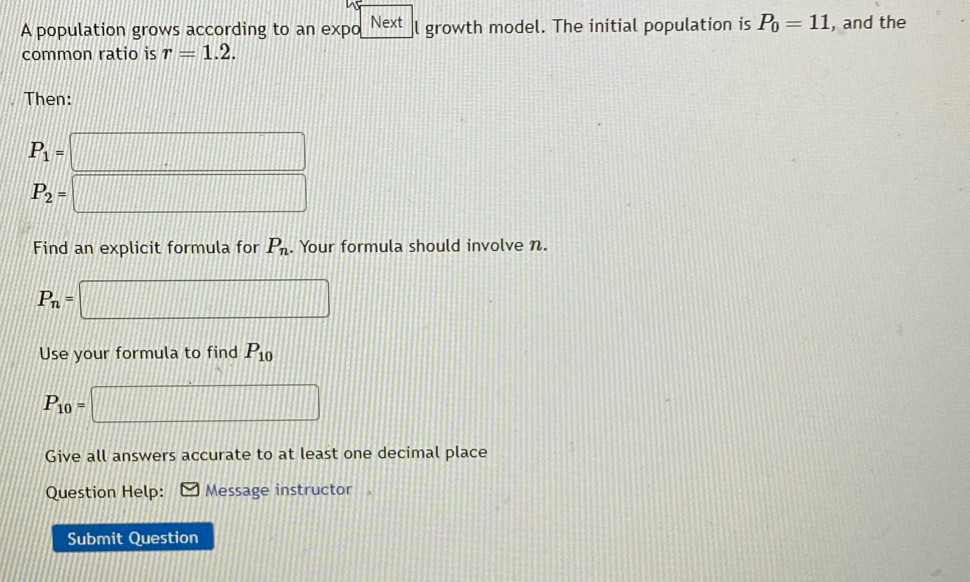 A population grows according to an expo Next |