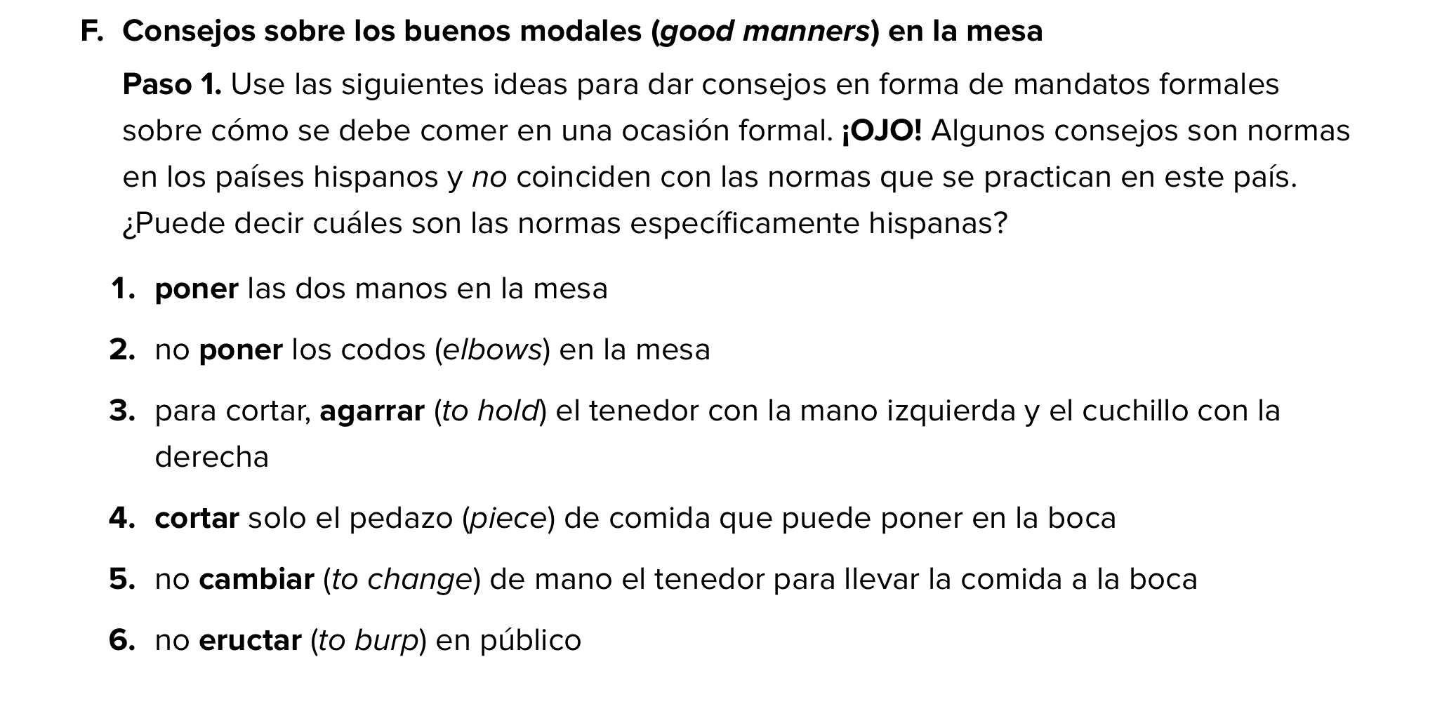 F . Consejos sobre los buenos modales ( good