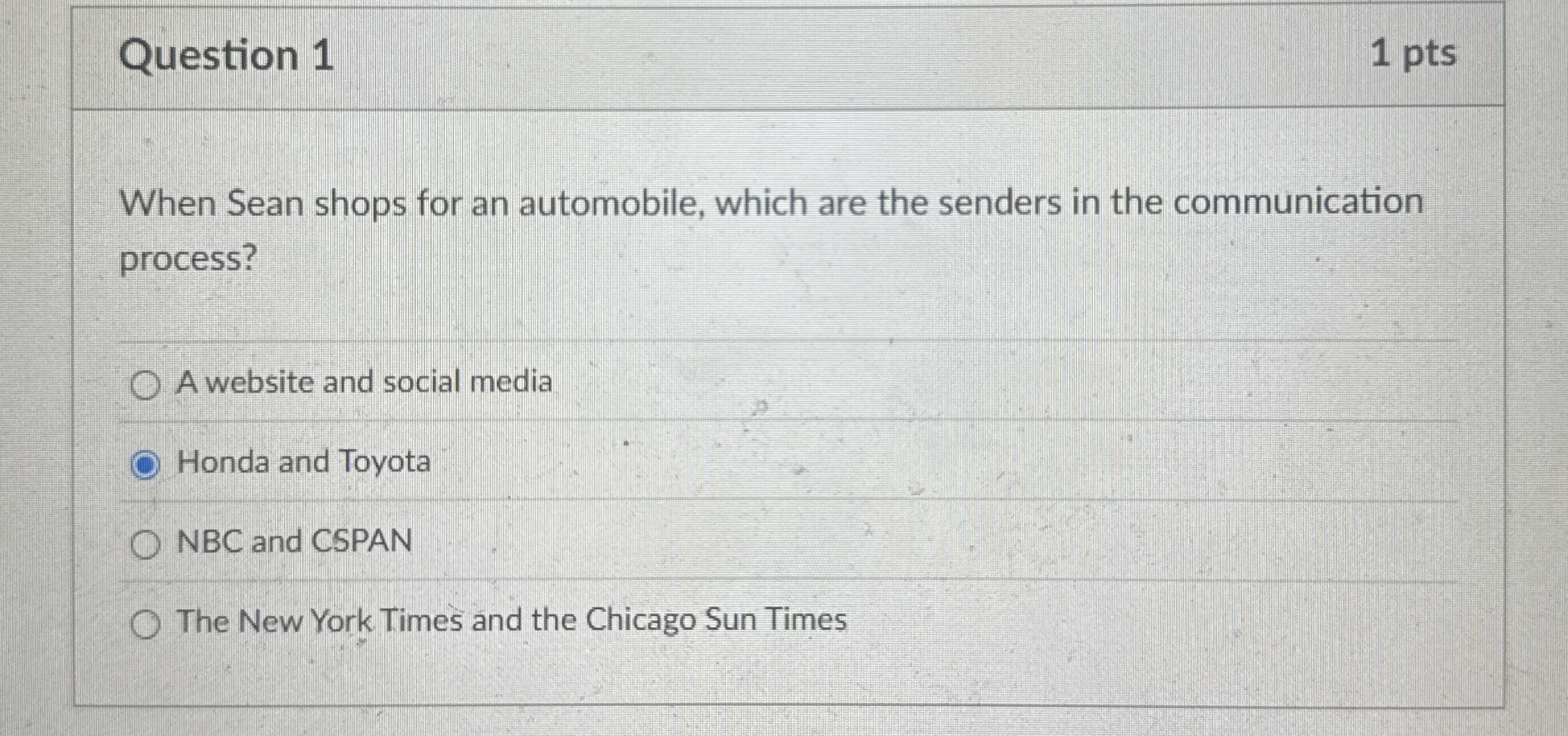 Question 1 1 pts When Sean shops for an