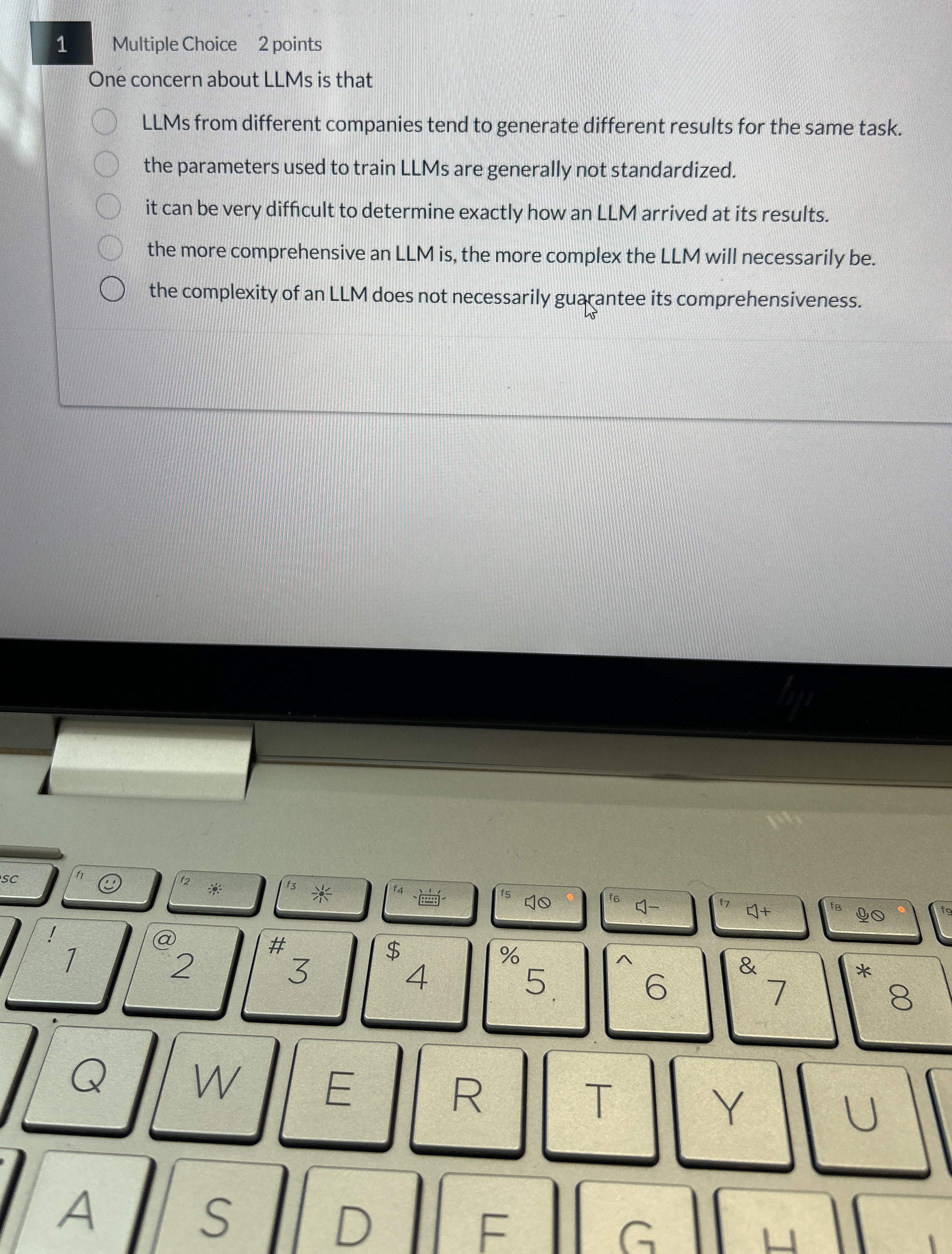 1 Multiple Choice 2 points One concern about LLMs
