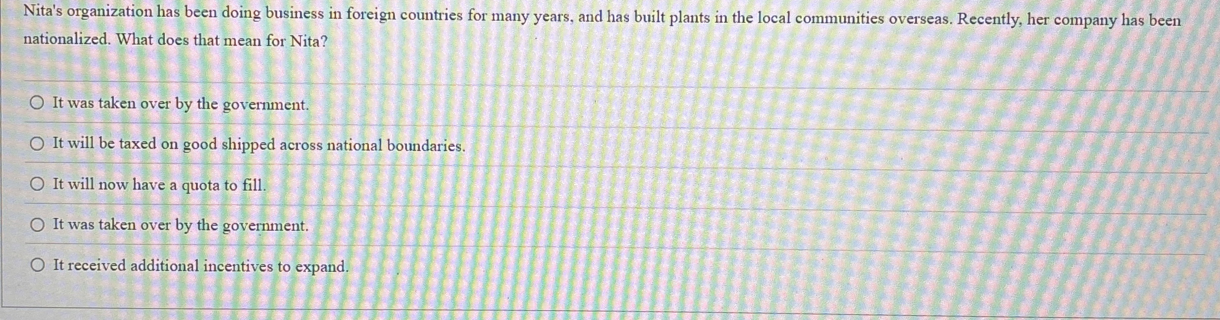 Nita's organization has been doing business in