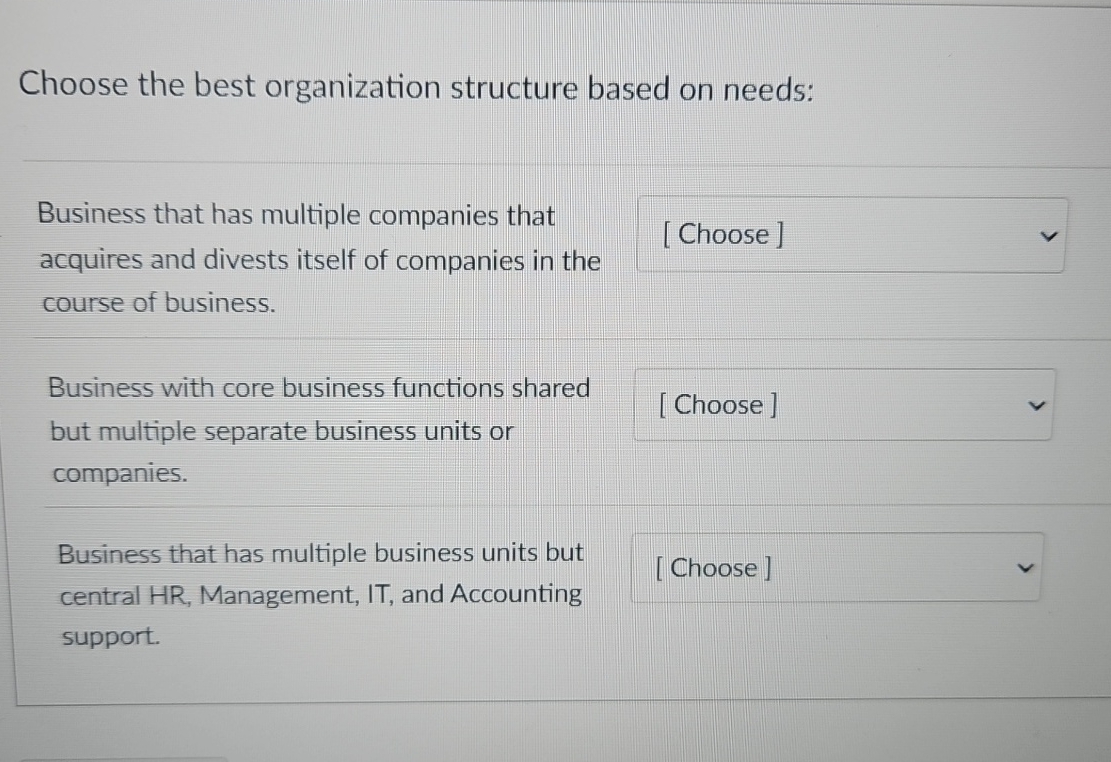 Choose the best organization structure based on