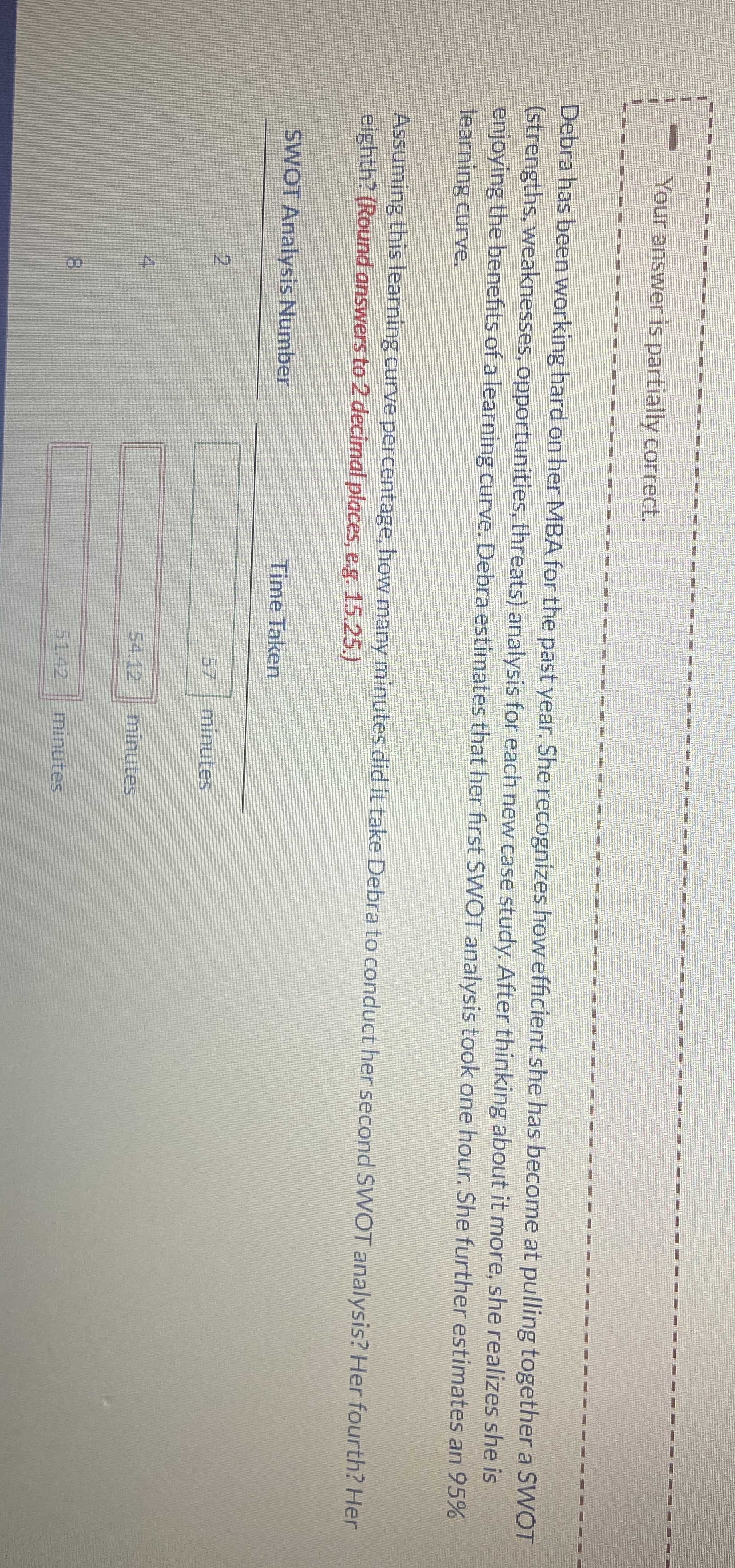 Your answer is partially correct. Debra has been