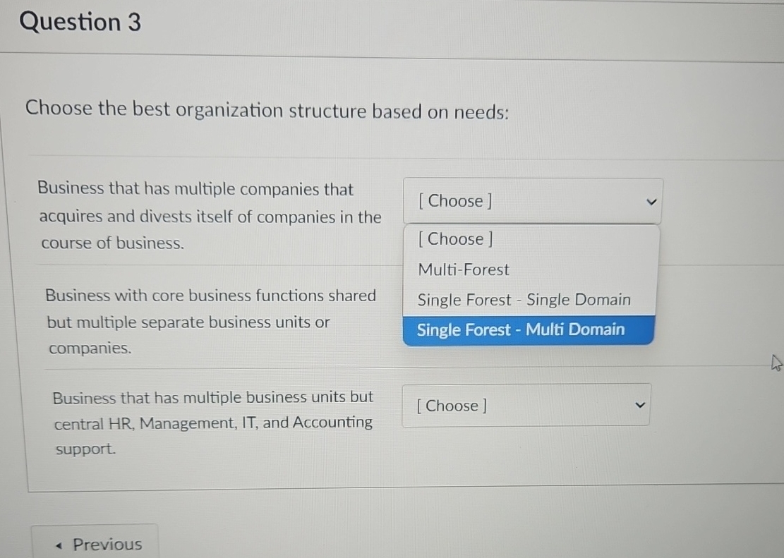 Question 3 Choose the best organization structure