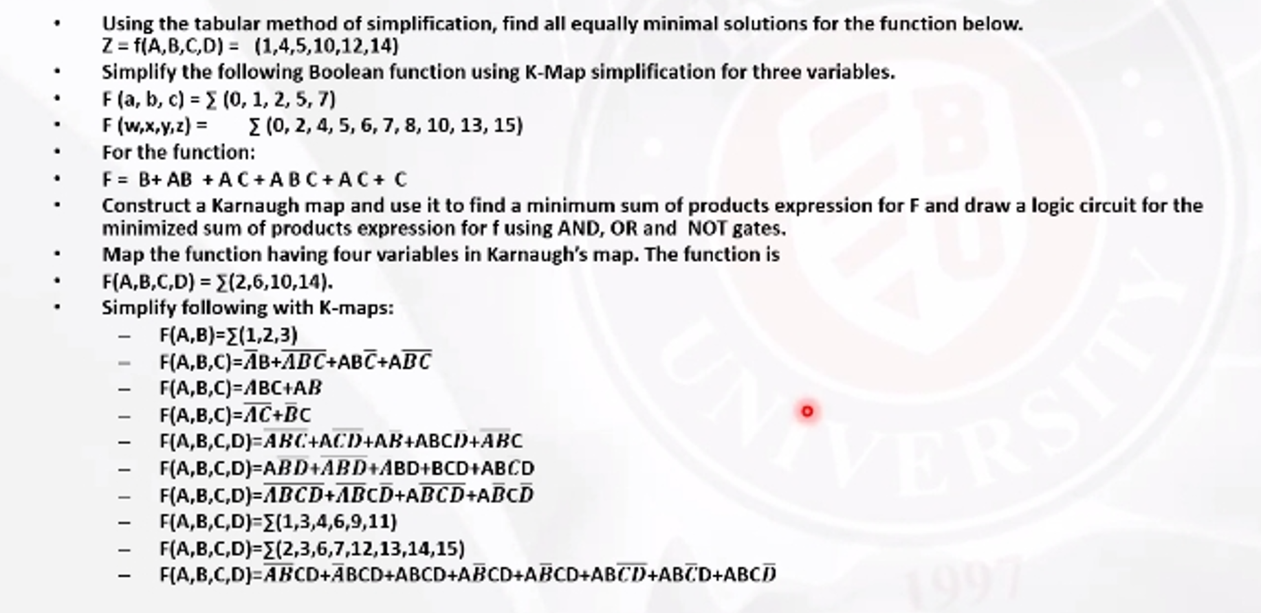 Using the tabular method of simplification, find