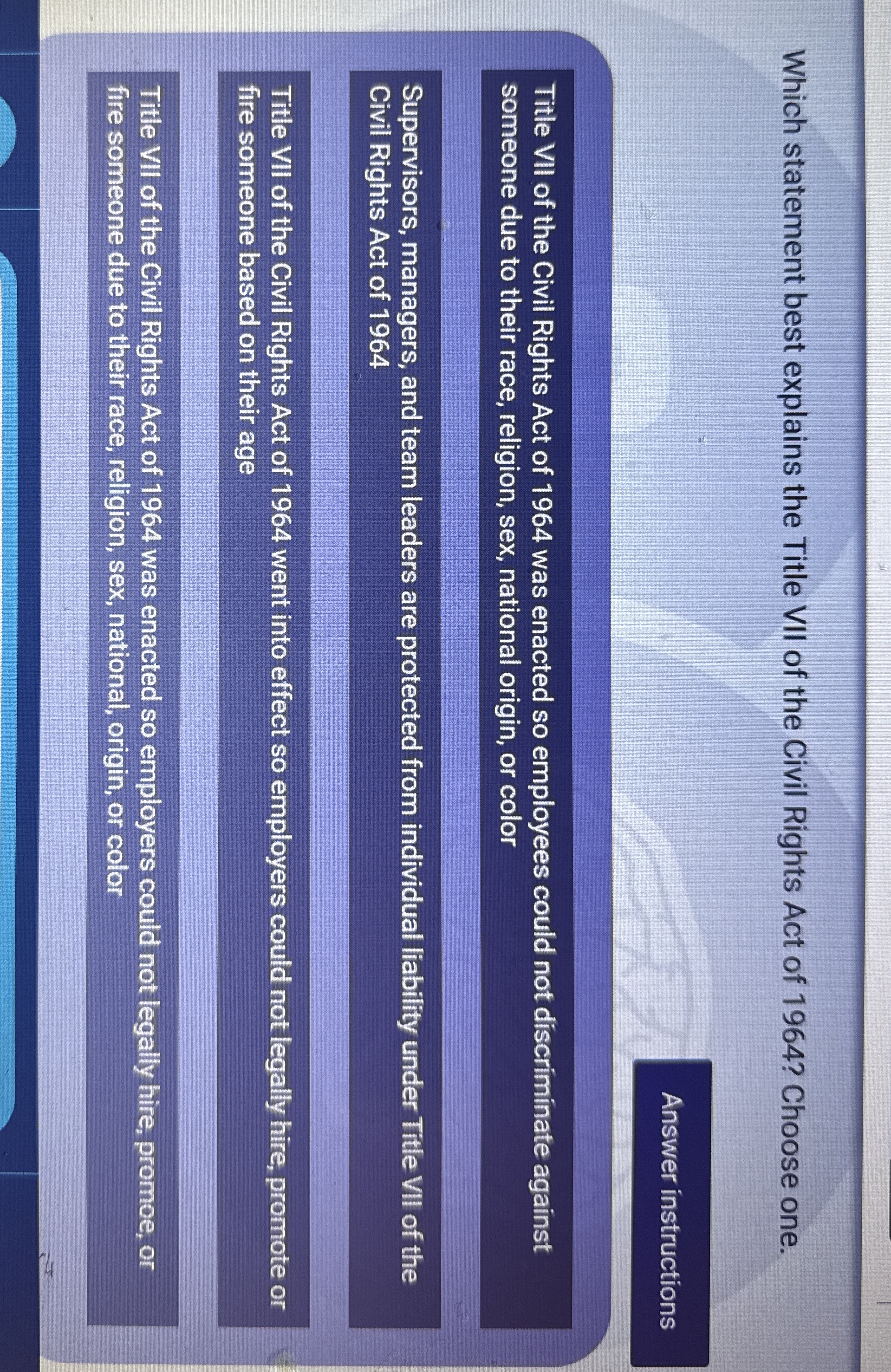 Which statement best explains the Title VII of