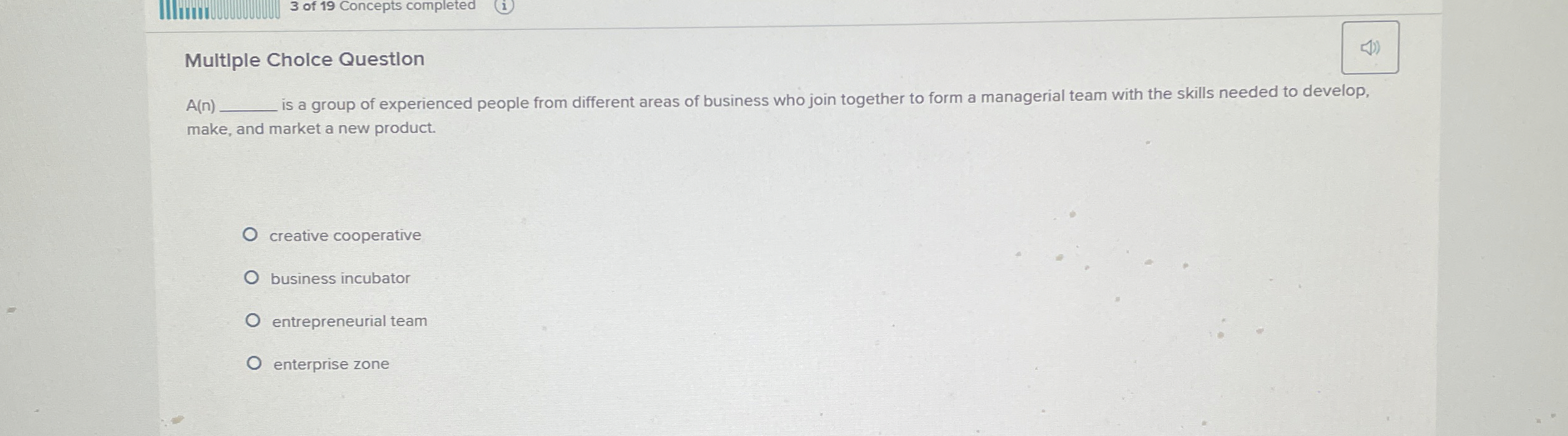 3 of 1 9 Concepts completed Multiple Cholce