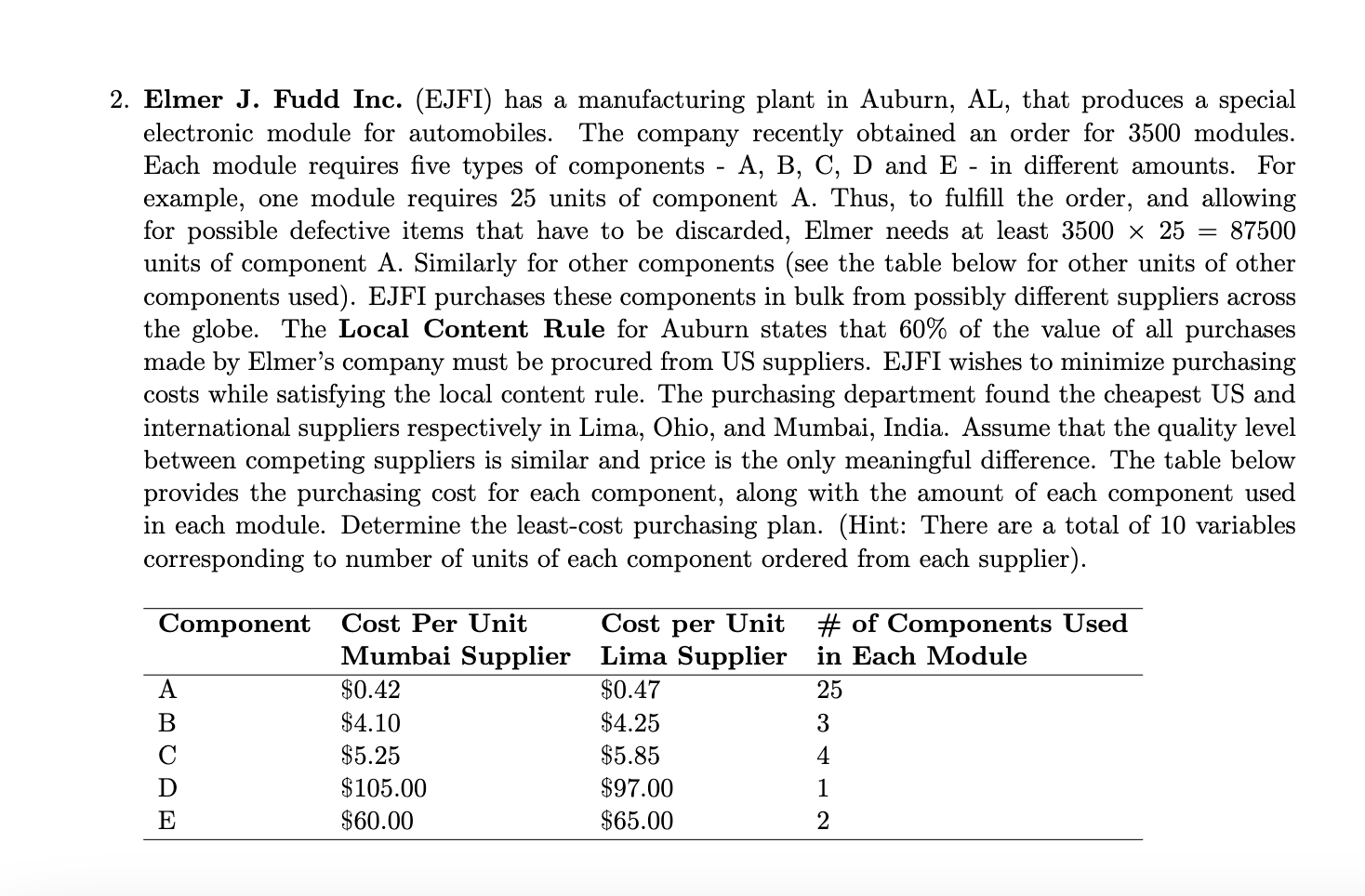 Elmer J . Fudd Inc. ( EJFI ) has a manufacturing