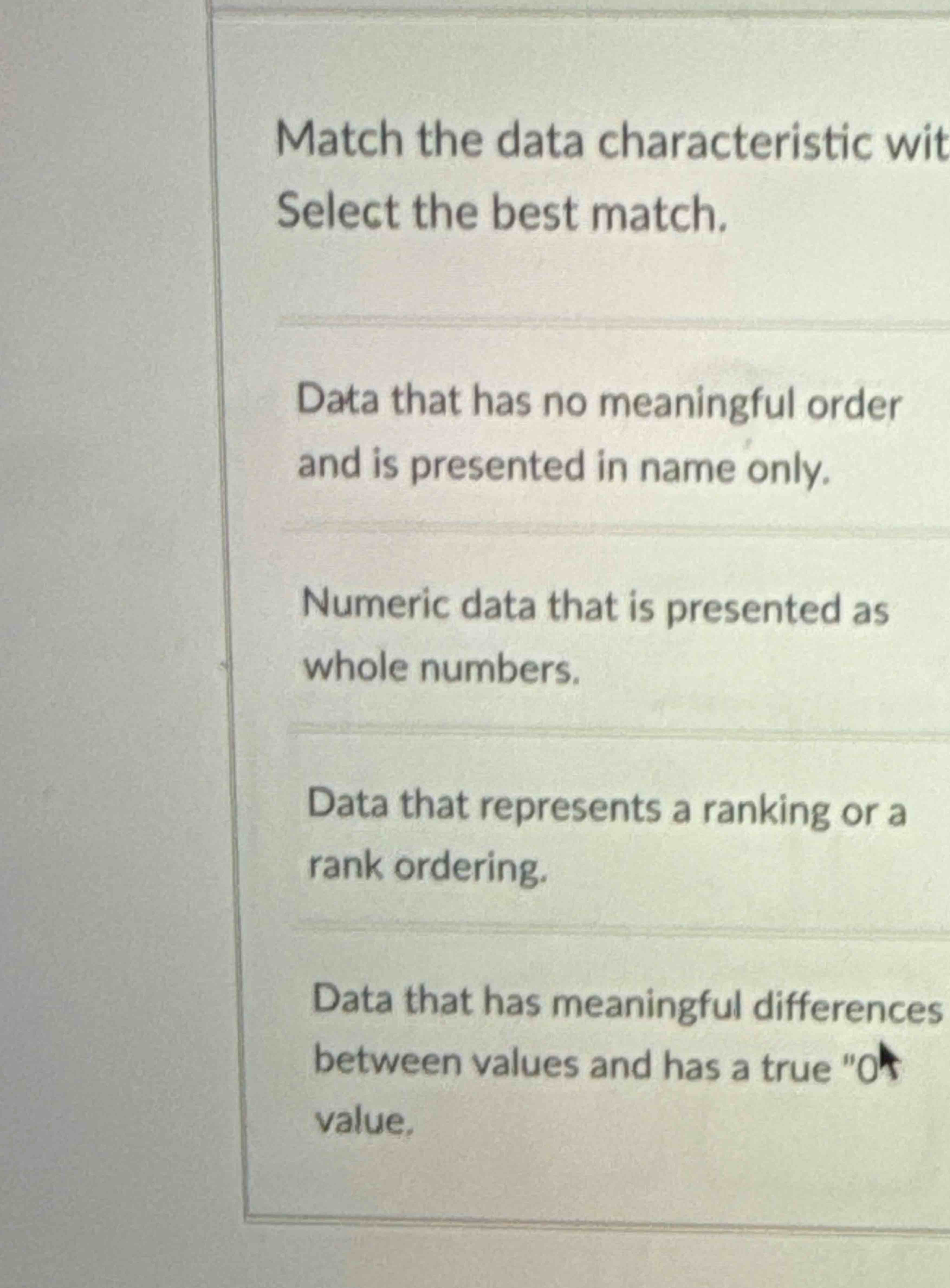 Match the data characteristic wit Select the best
