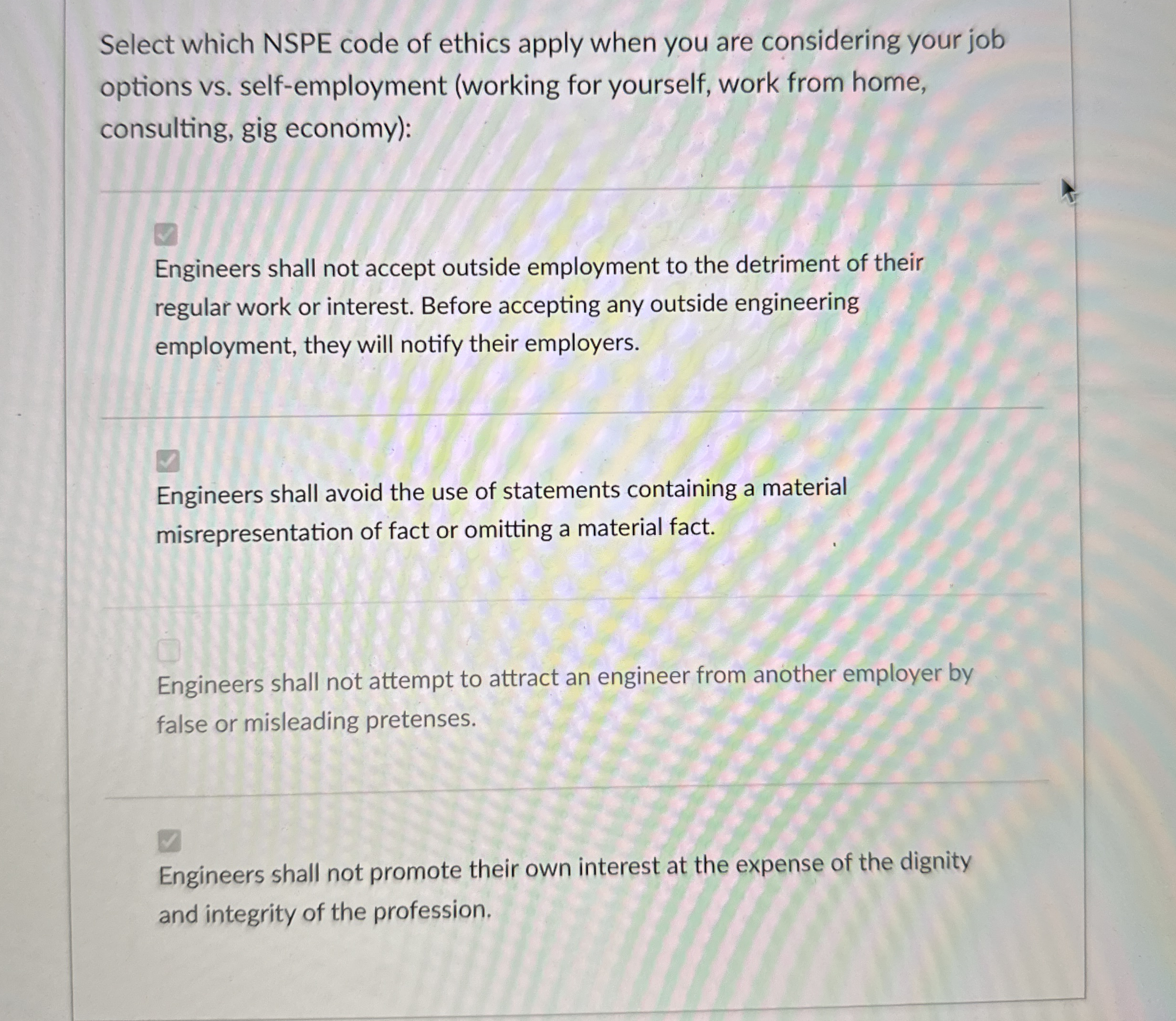 Select which NSPE code of ethics apply when you