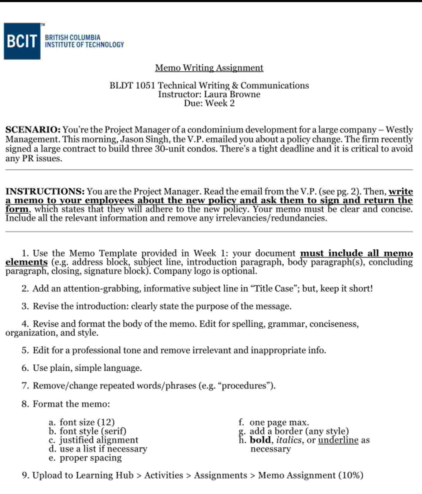 Memo Writing Assignment BLDT 1 0 5 1 Technical