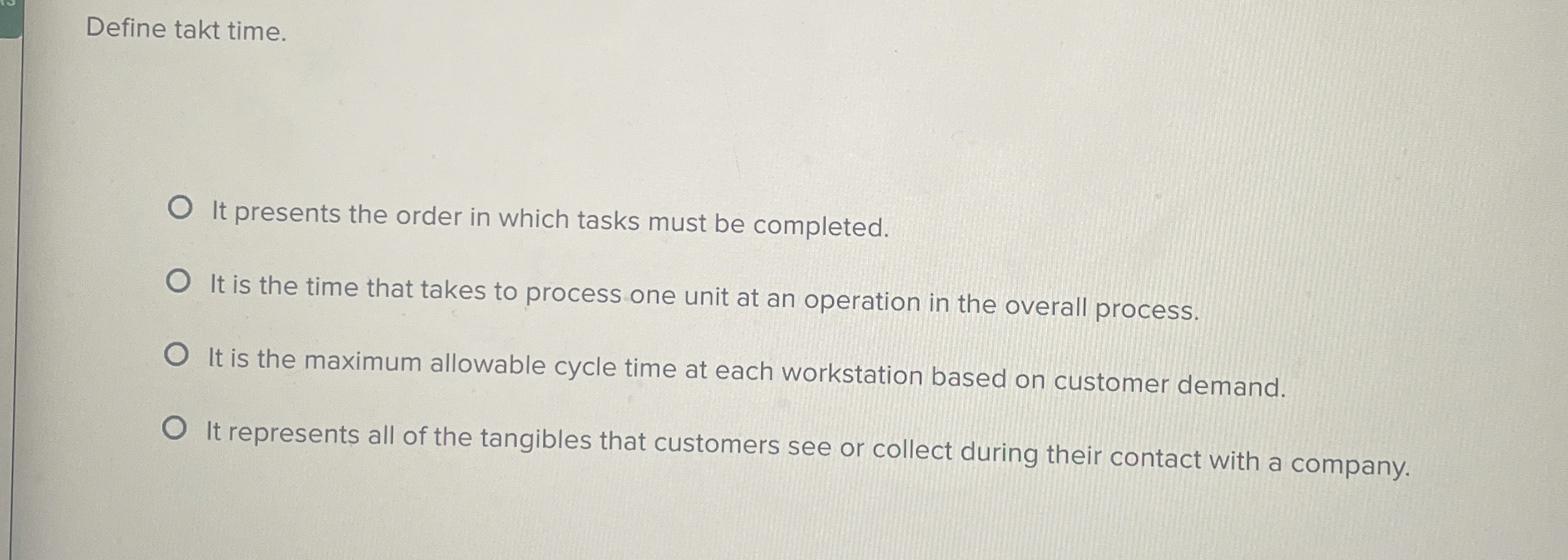 Define takt time. It presents the order in which