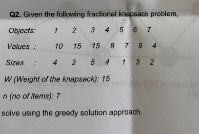 Q 2 . Given the following fractional knapsack