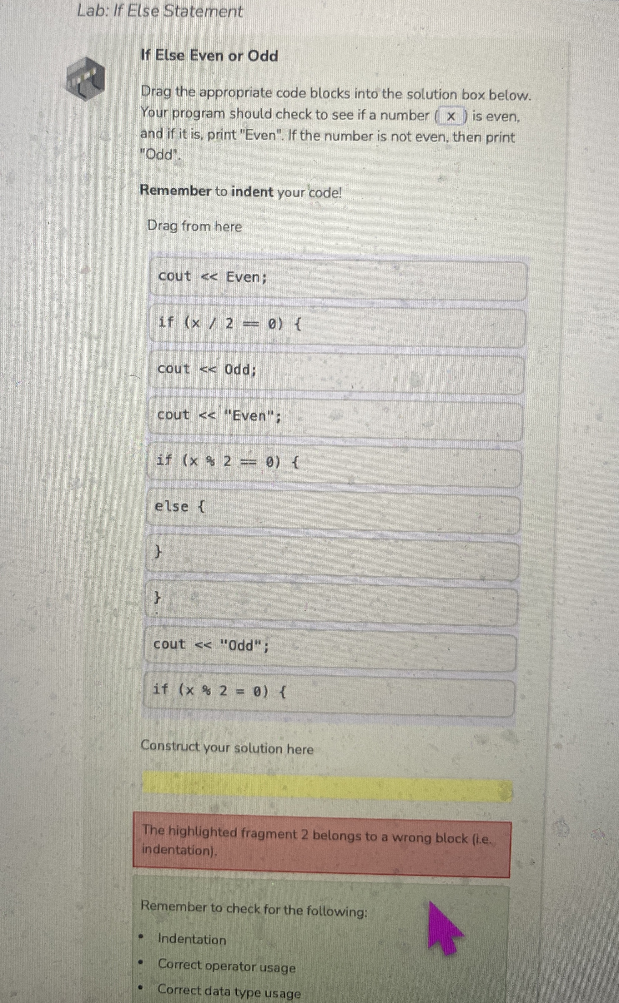 Lab: If Else Statement If Else Even or Odd Drag