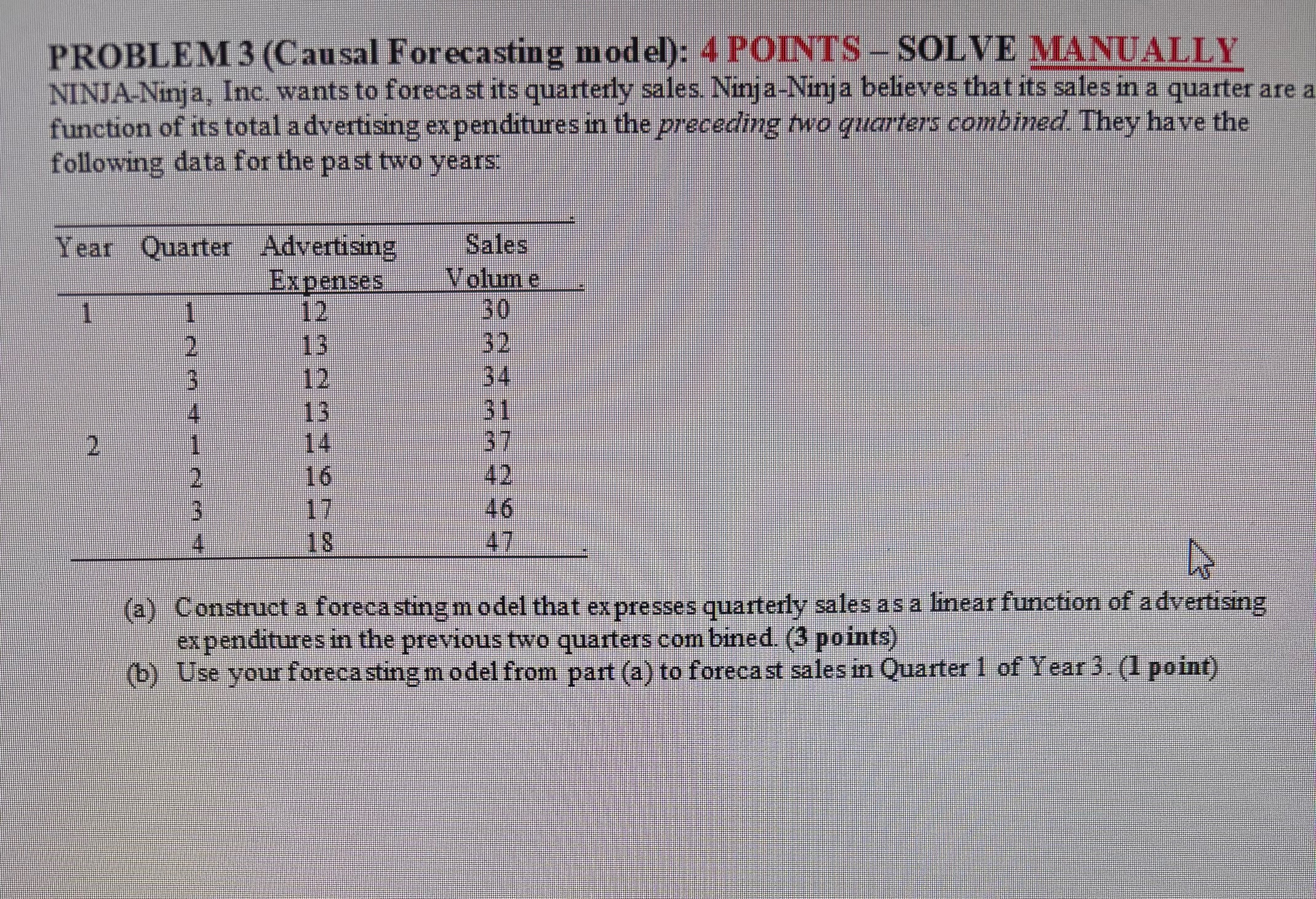 PROBLEM 3 ( Causal Forecasting model ) : 4 POINTS