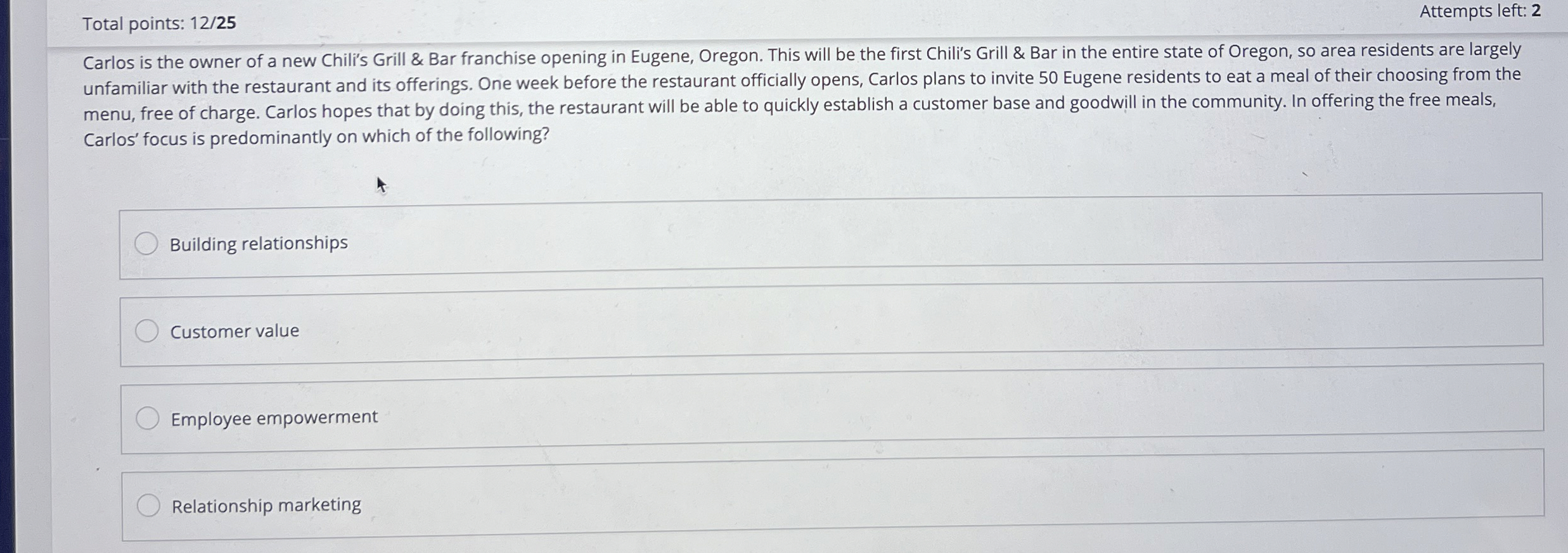 Total points: 1 2 2 5 Attempts left: 2 Carlos is