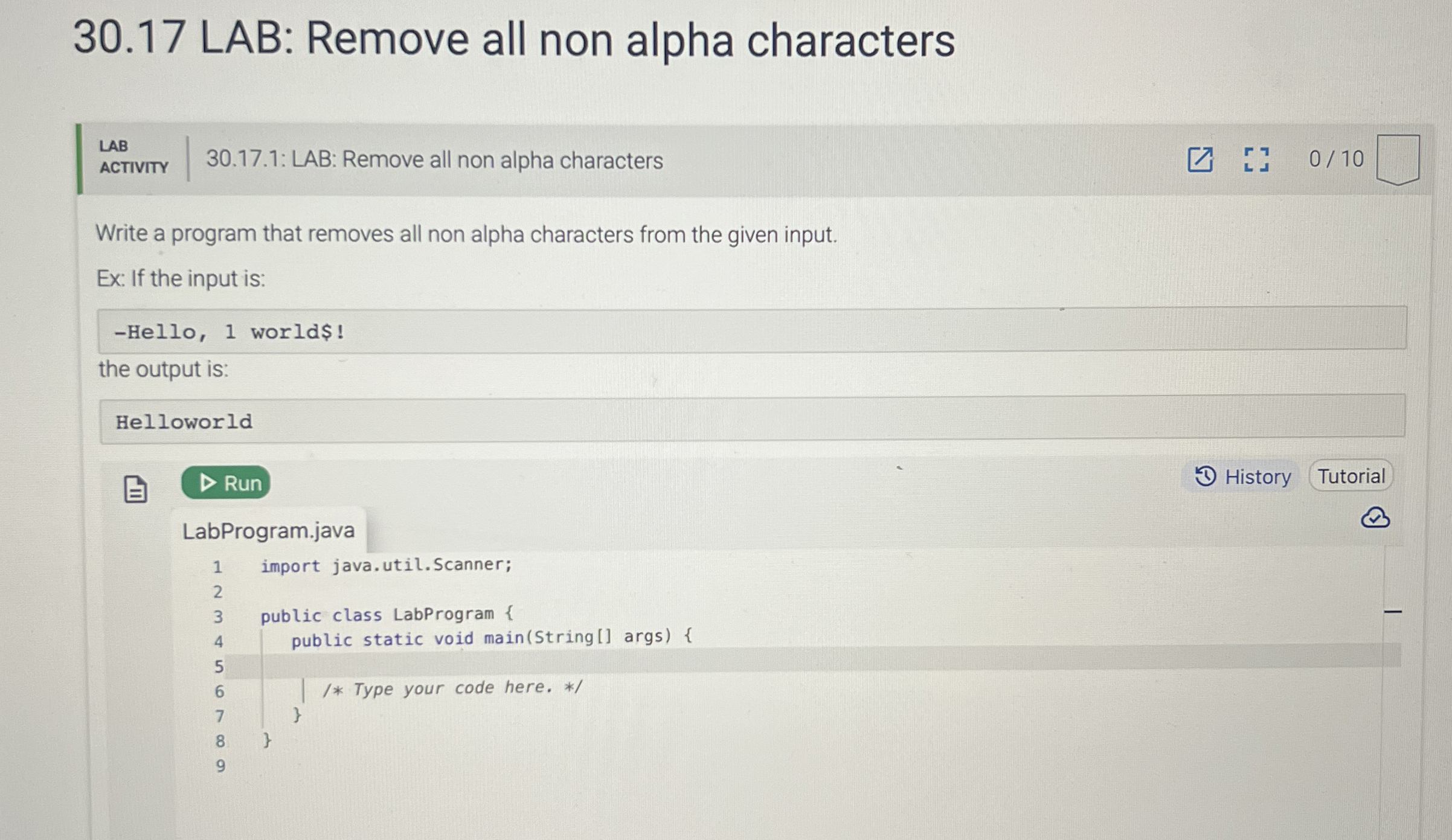 3 0 . 1 7 LAB: Remove all non alpha characters
