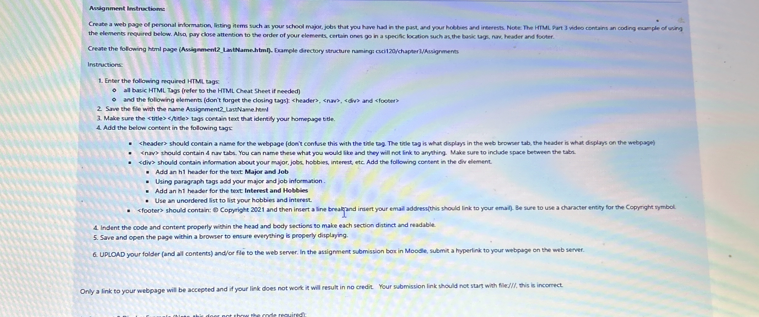Assignment Instructions: Create a web page of